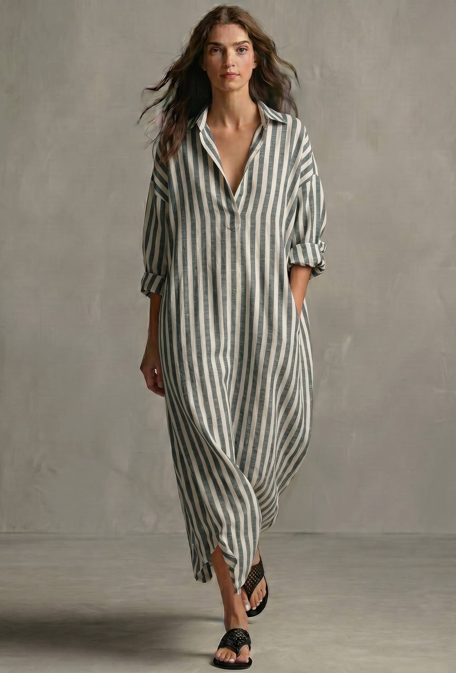 Sage Green Striped Cotton Shirt Maxi Dress