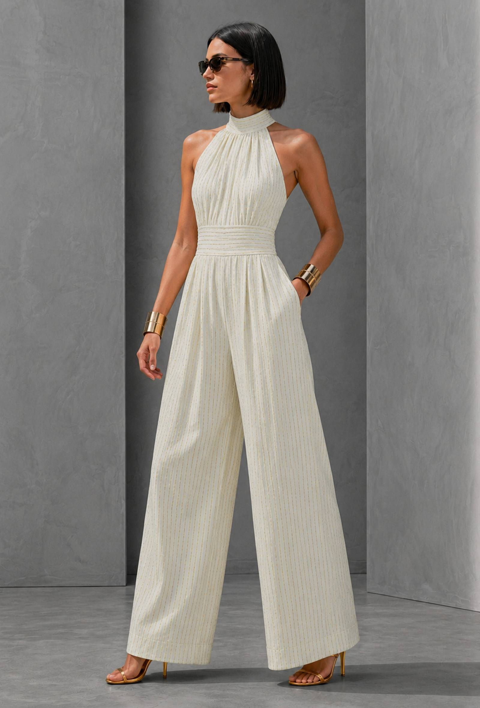 Ivory Lurex Stripe Halter Neck Jumpsuit
