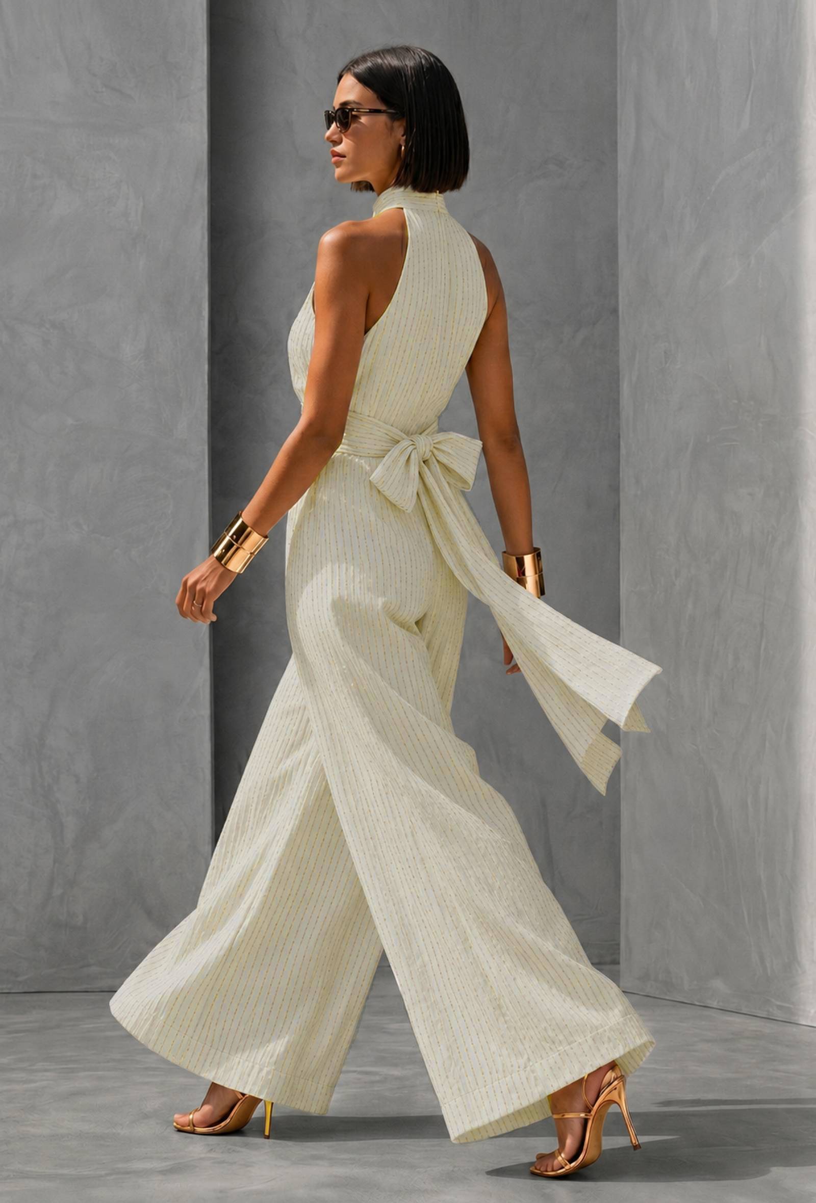 Ivory Lurex Stripe Halter Neck Jumpsuit
