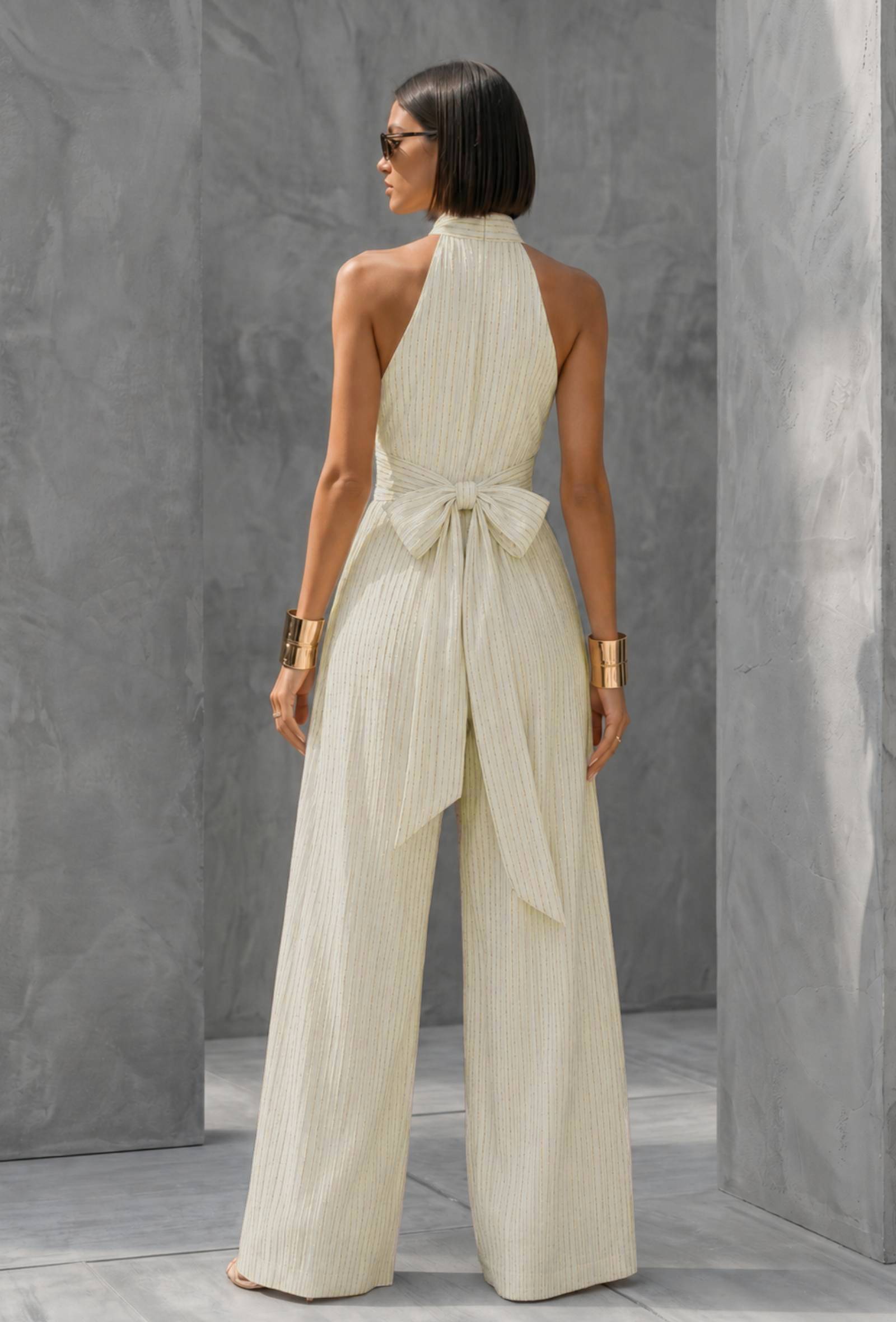 Ivory Lurex Stripe Halter Neck Jumpsuit