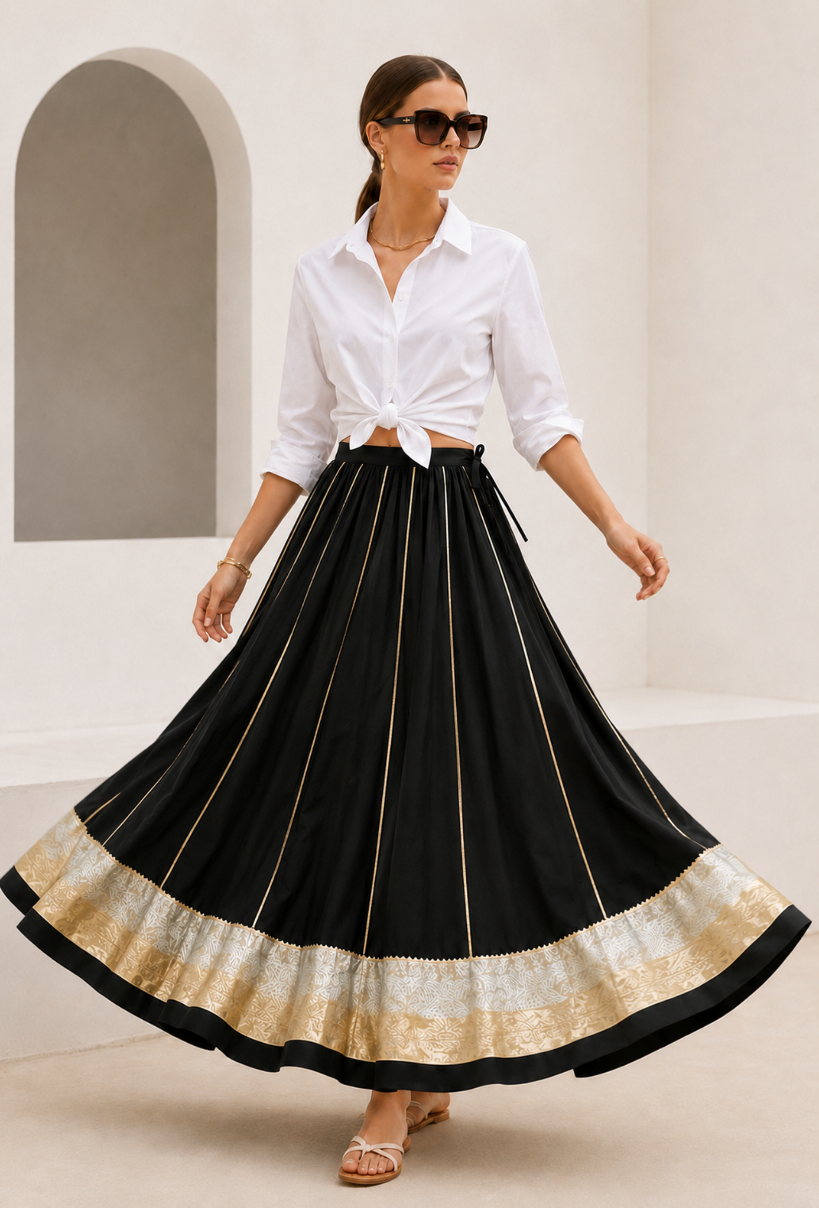Black Flared Maxi Skirt with Gold Brocade Border