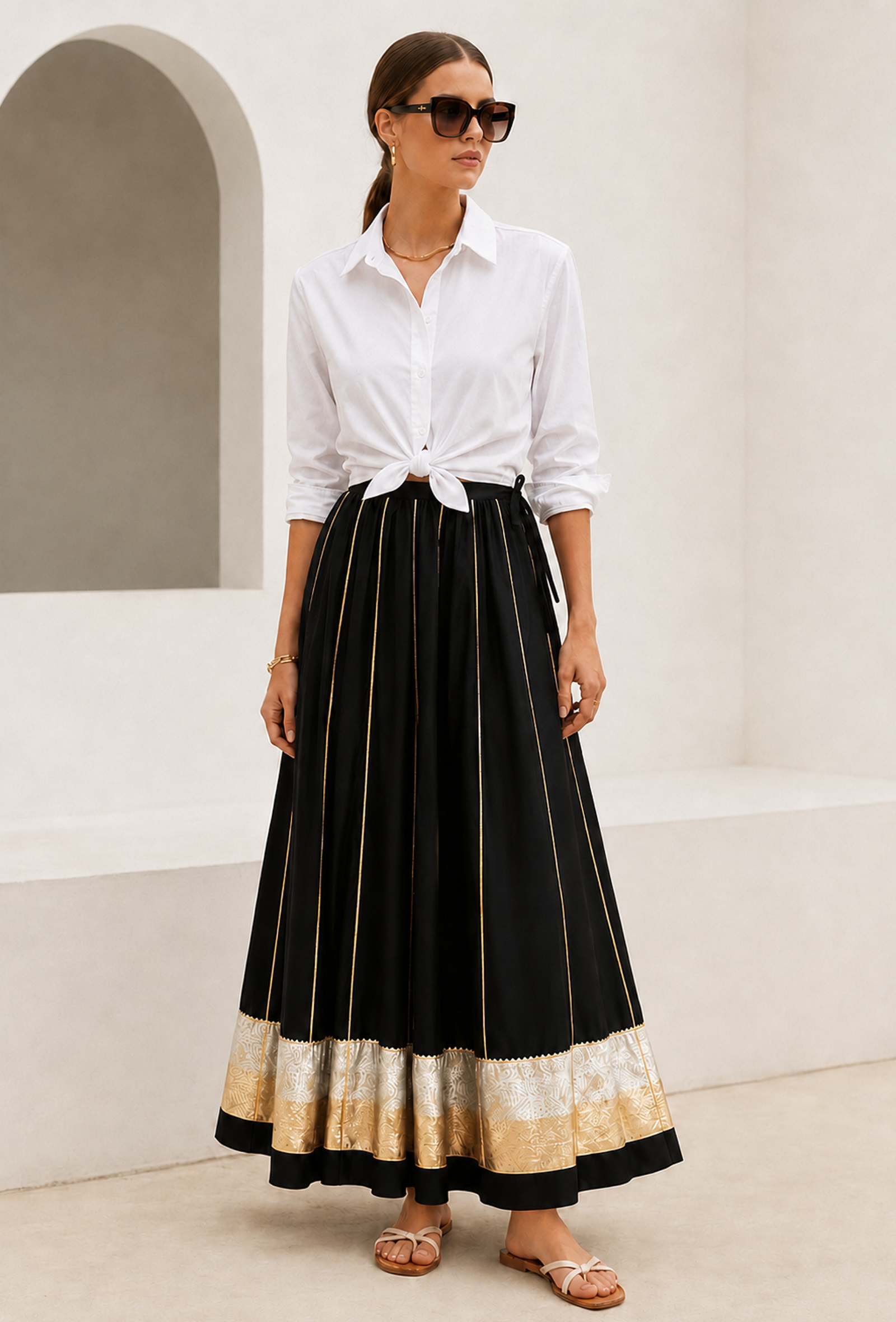Black Flared Maxi Skirt with Gold Brocade Border