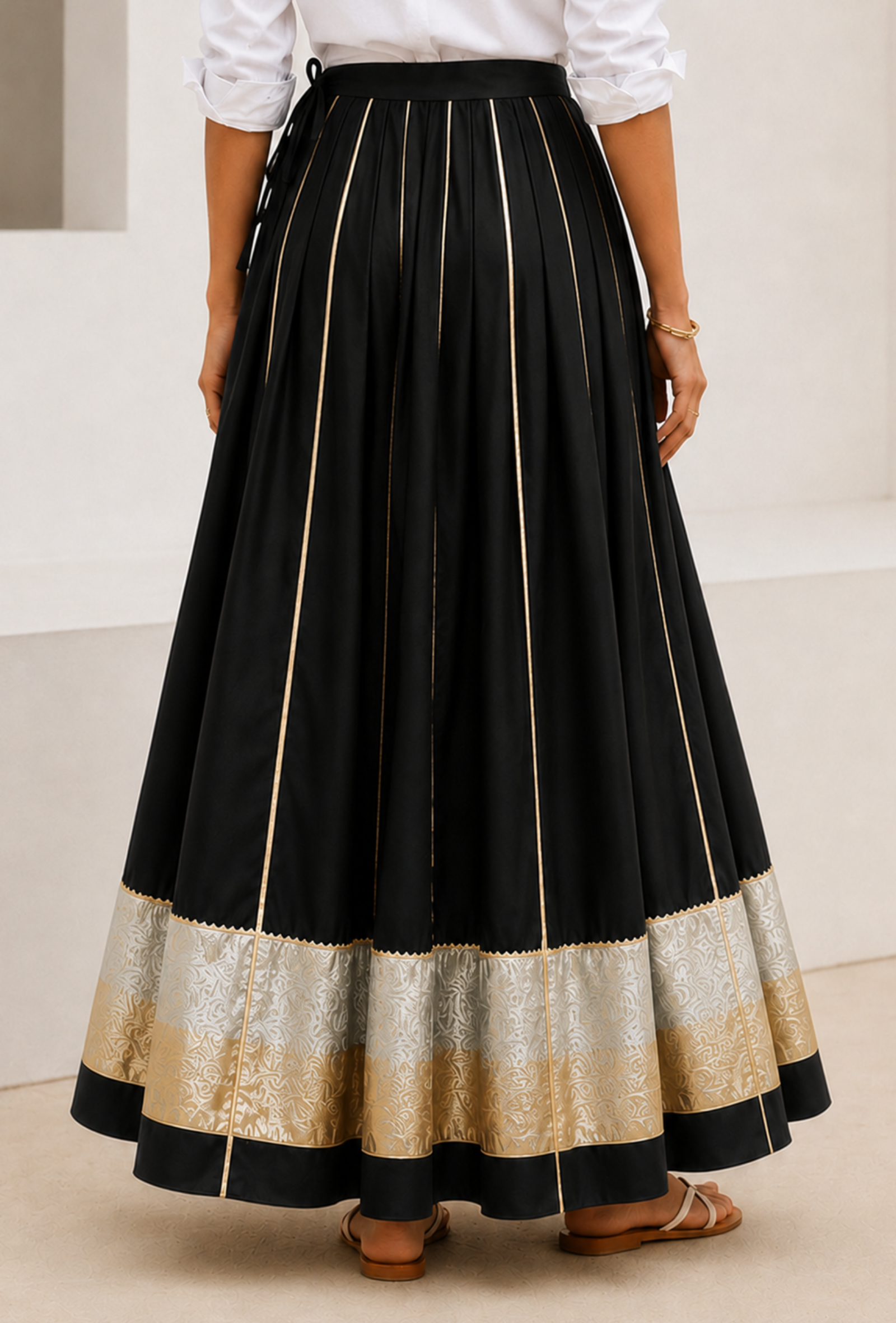 Black Flared Maxi Skirt with Gold Brocade Border