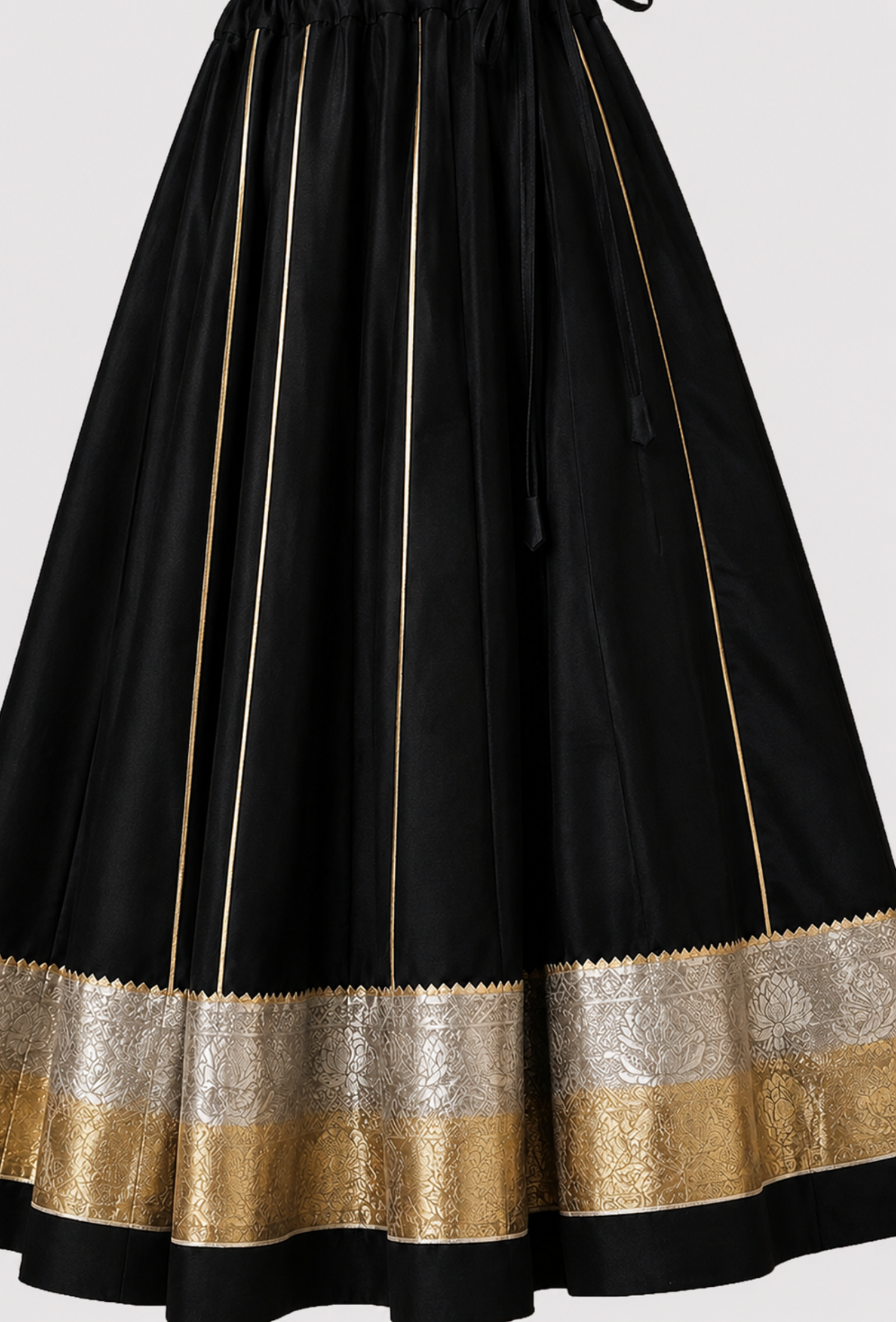 Black Flared Maxi Skirt with Gold Brocade Border