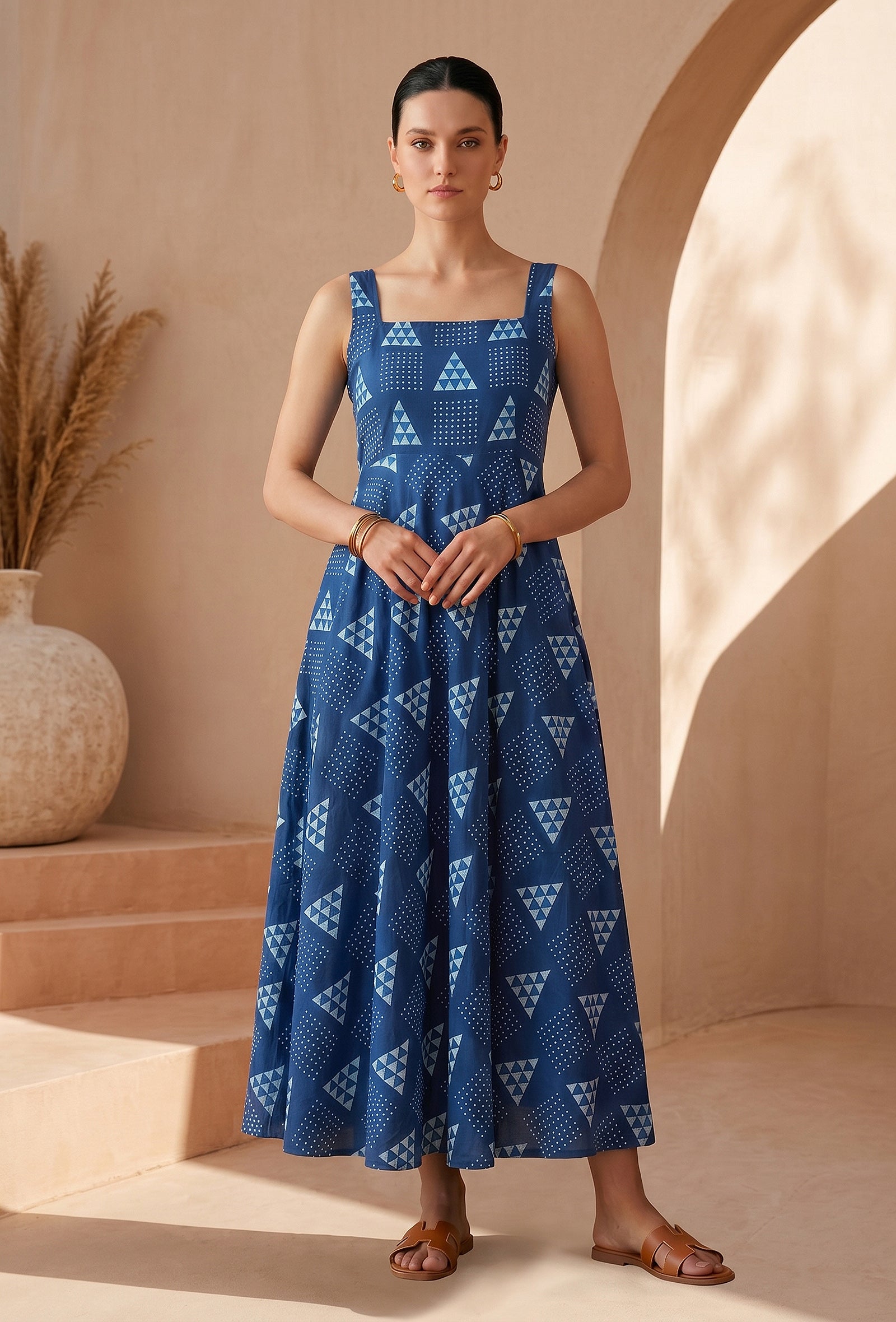 Indigo Geometric Print Cotton Flared Maxi Dress