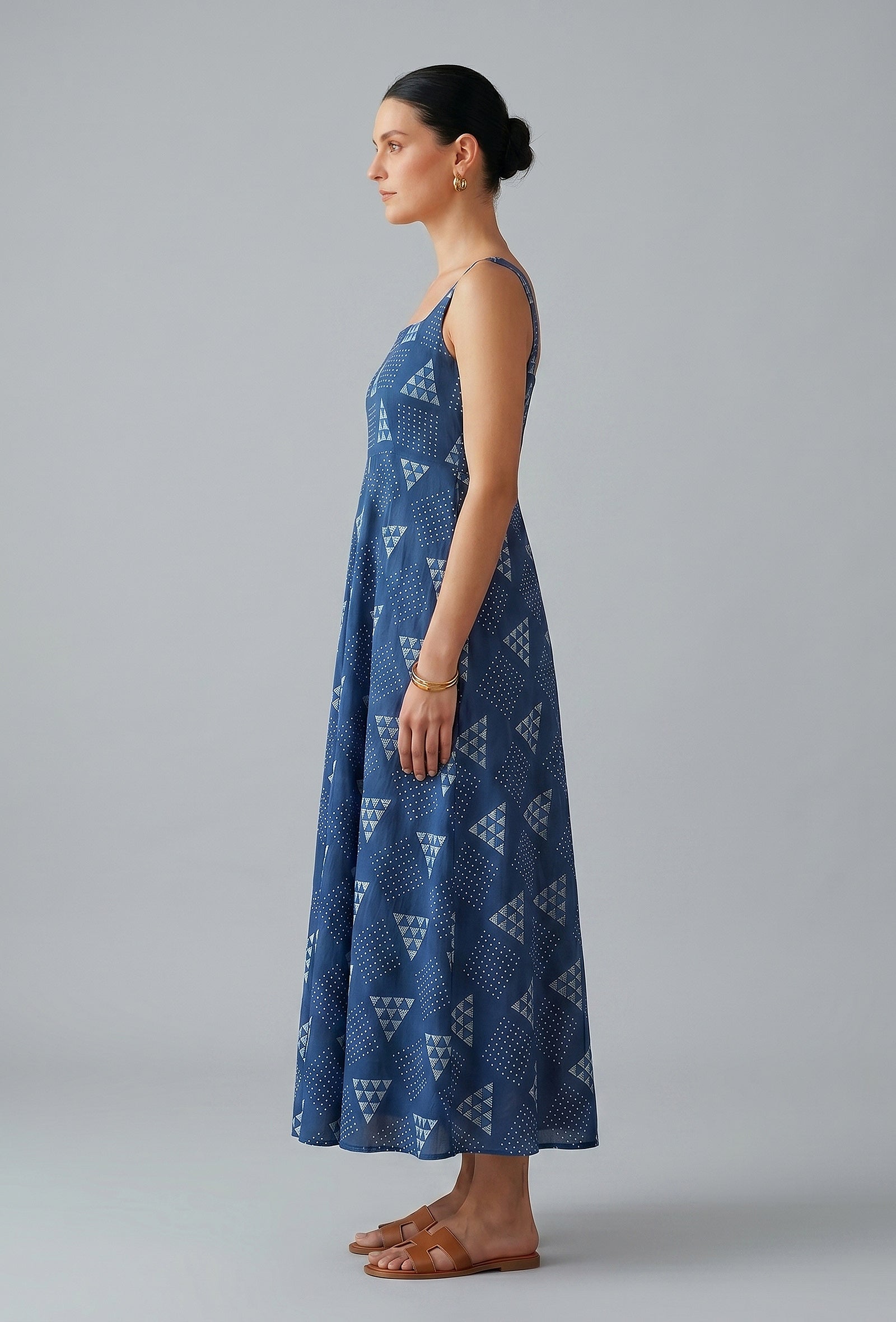 Indigo Geometric Print Cotton Flared Maxi Dress