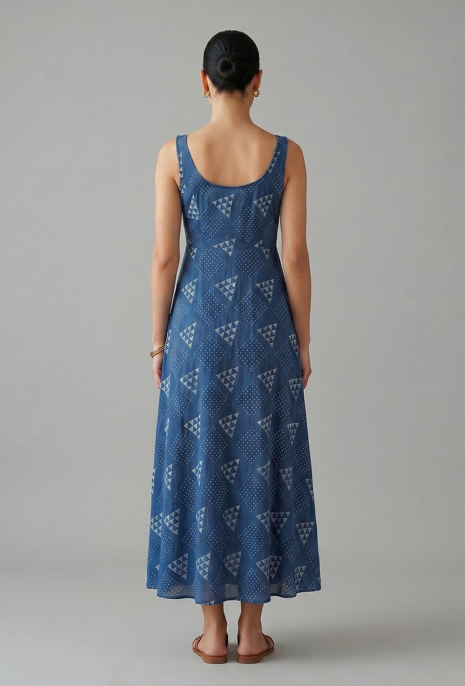 Indigo Geometric Print Cotton Flared Maxi Dress