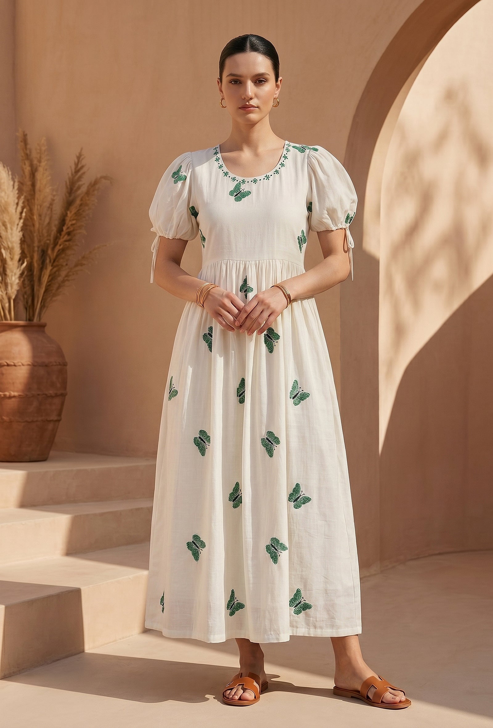 Ivory Butterfly Embroidered Cotton Midi Dress