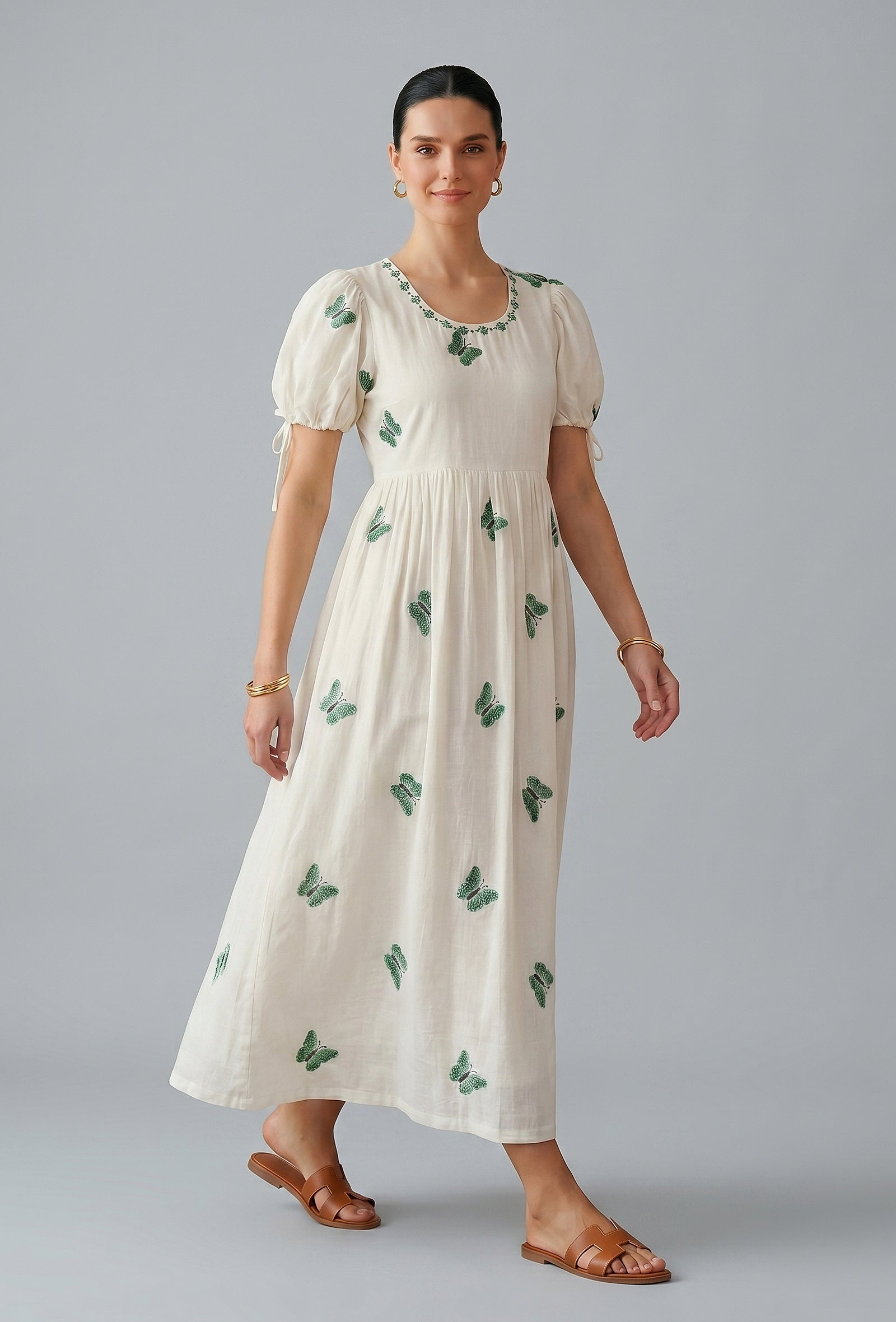 Ivory Butterfly Embroidered Cotton Midi Dress