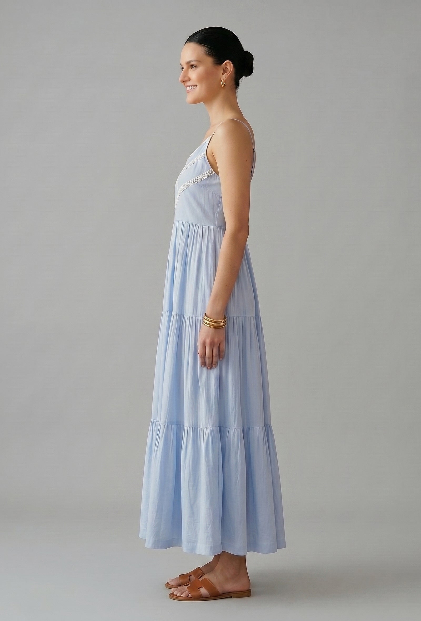 Powder Blue Cotton Lace Detail Tiered Gown