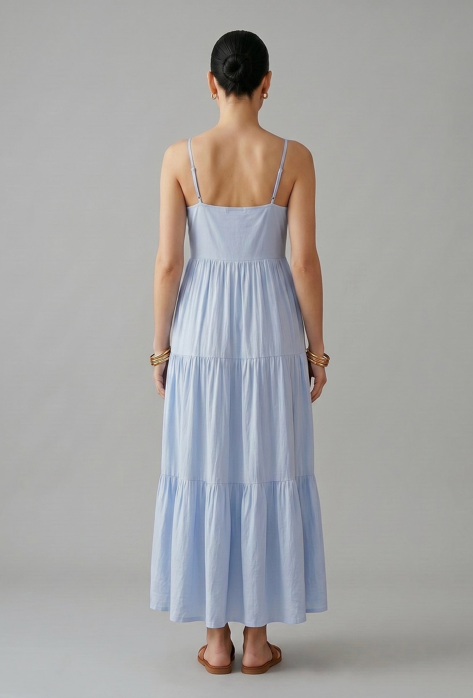 Powder Blue Cotton Lace Detail Tiered Gown