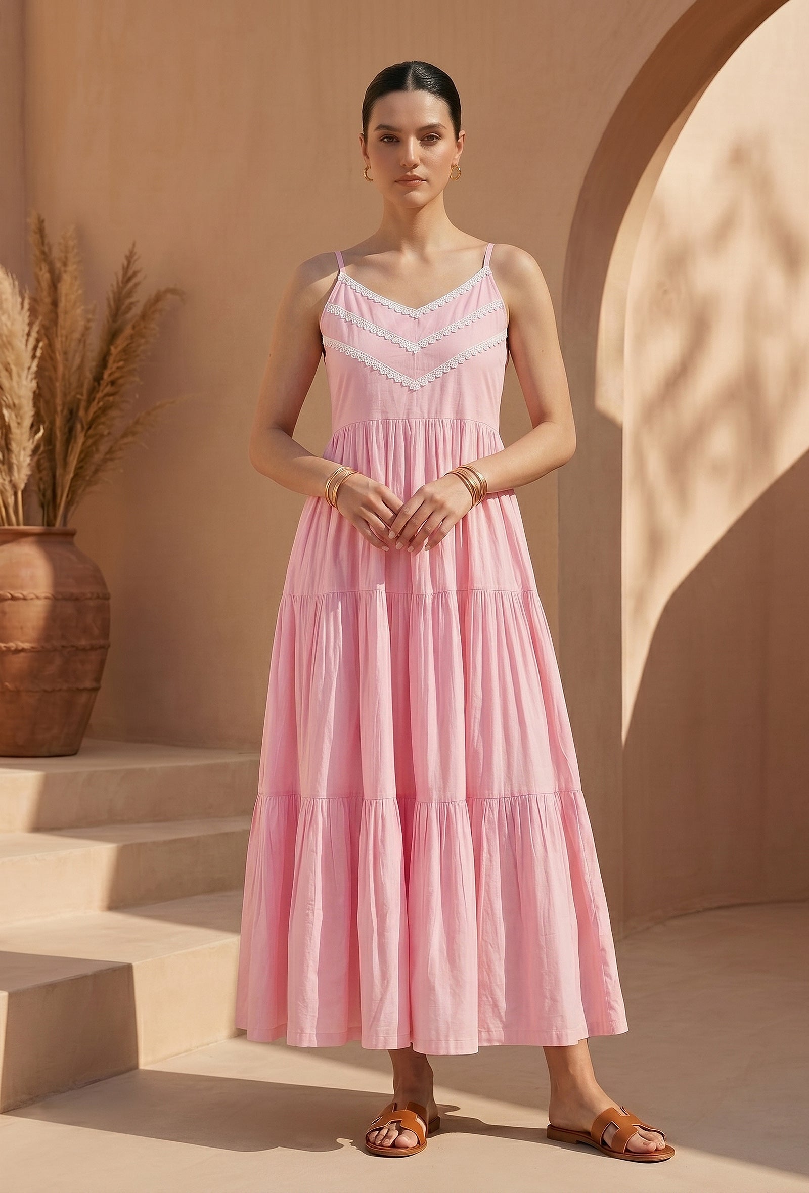 Blush Pink Cotton Lace Detail Tiered Gown