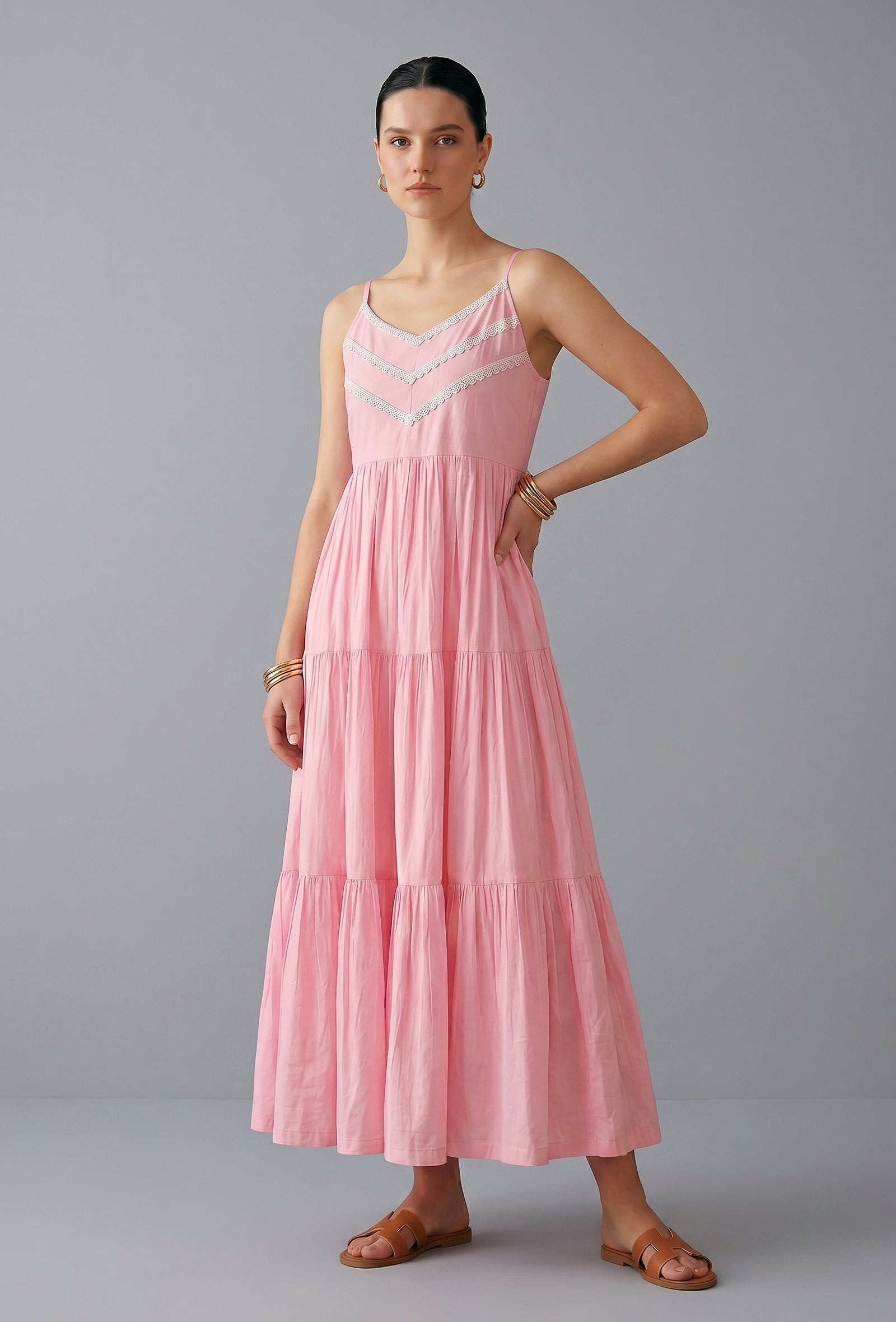 Blush Pink Cotton Lace Detail Tiered Gown