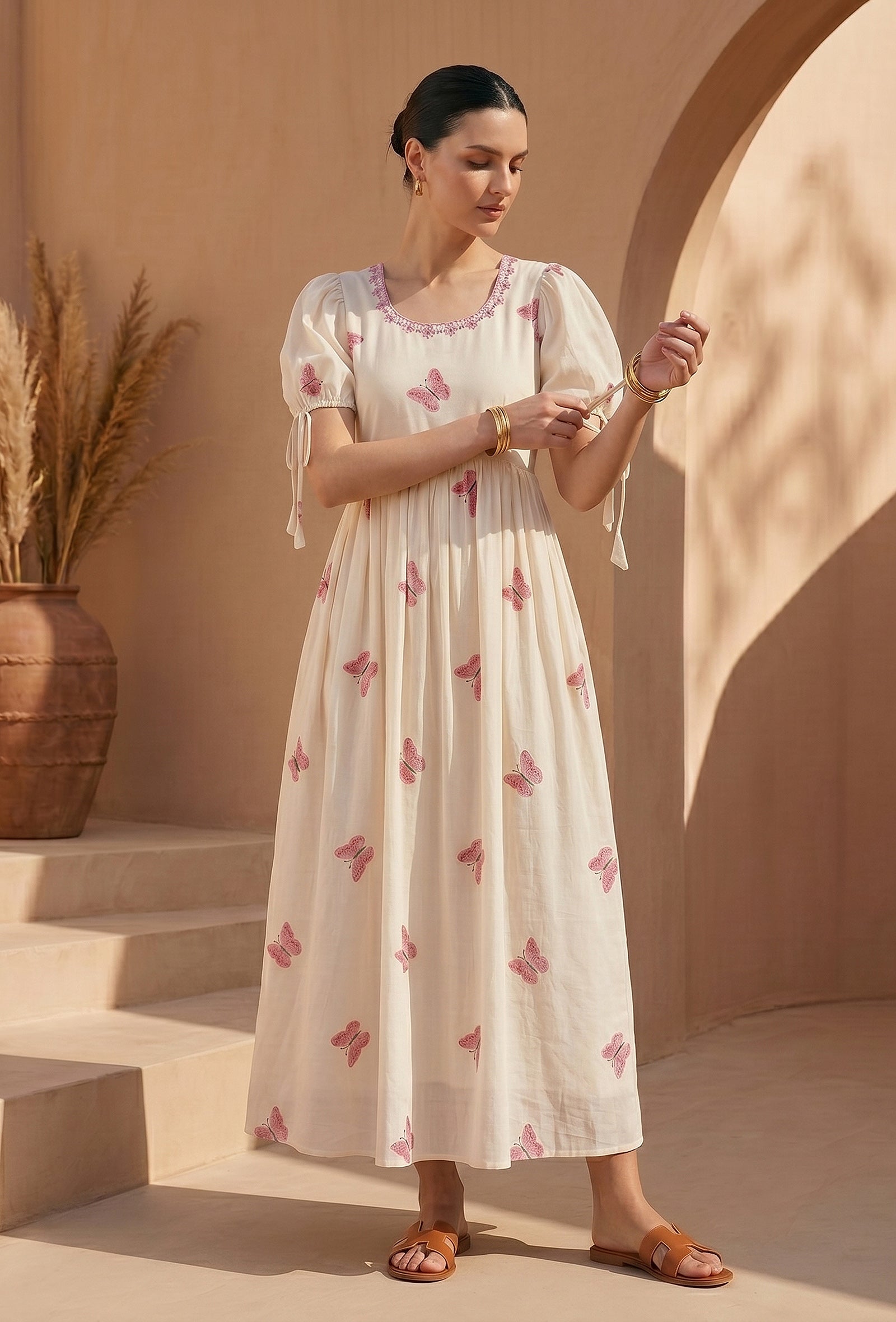 Ivory Pink Butterfly Embroidered Cotton Gown