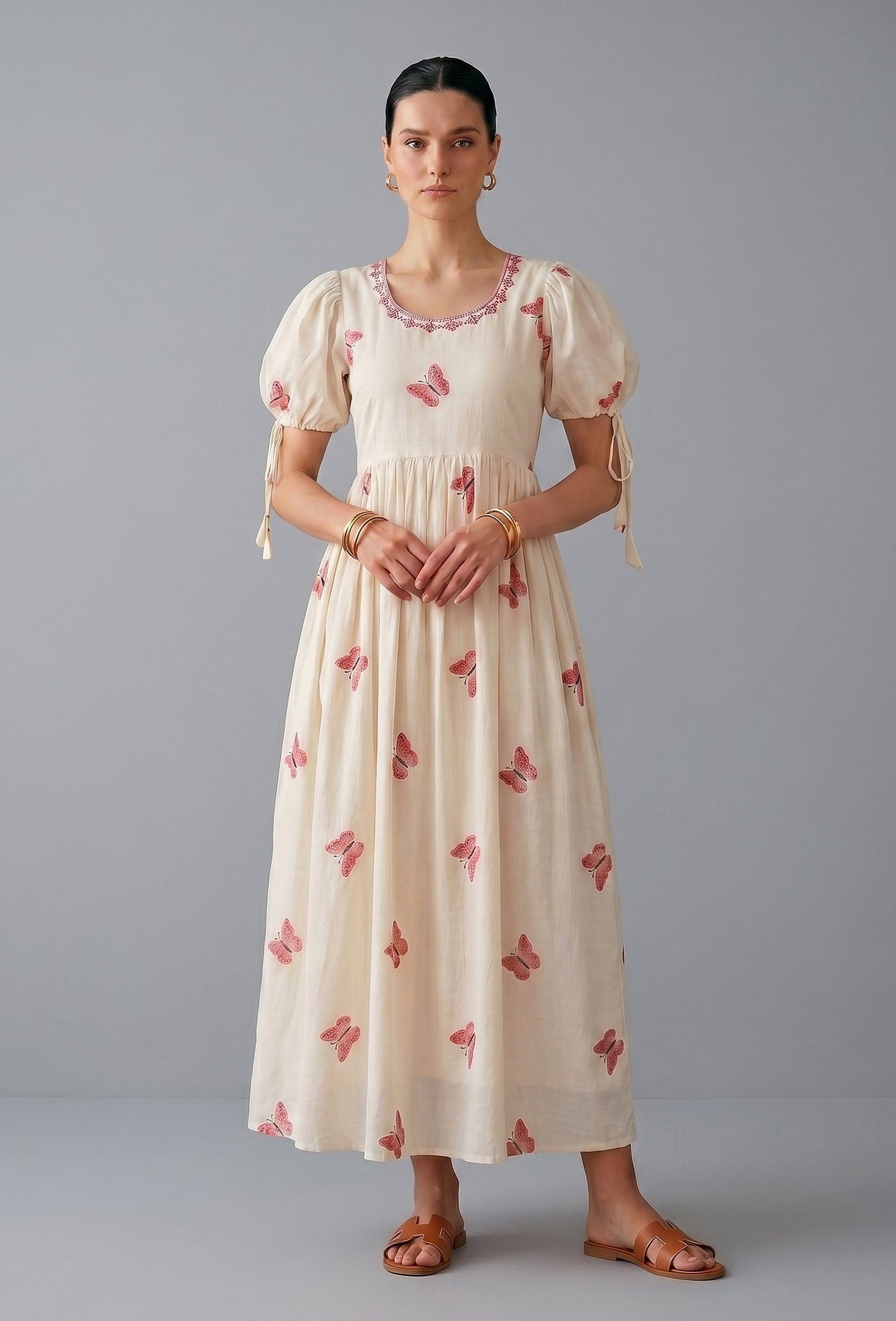 Ivory Pink Butterfly Embroidered Cotton Gown