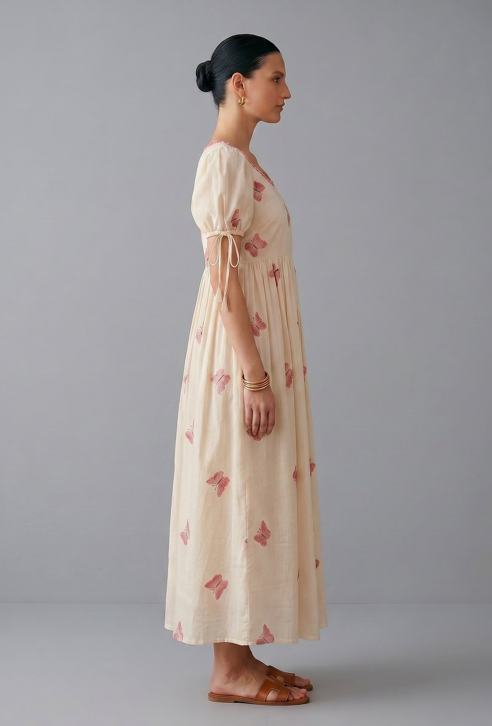 Ivory Pink Butterfly Embroidered Cotton Gown