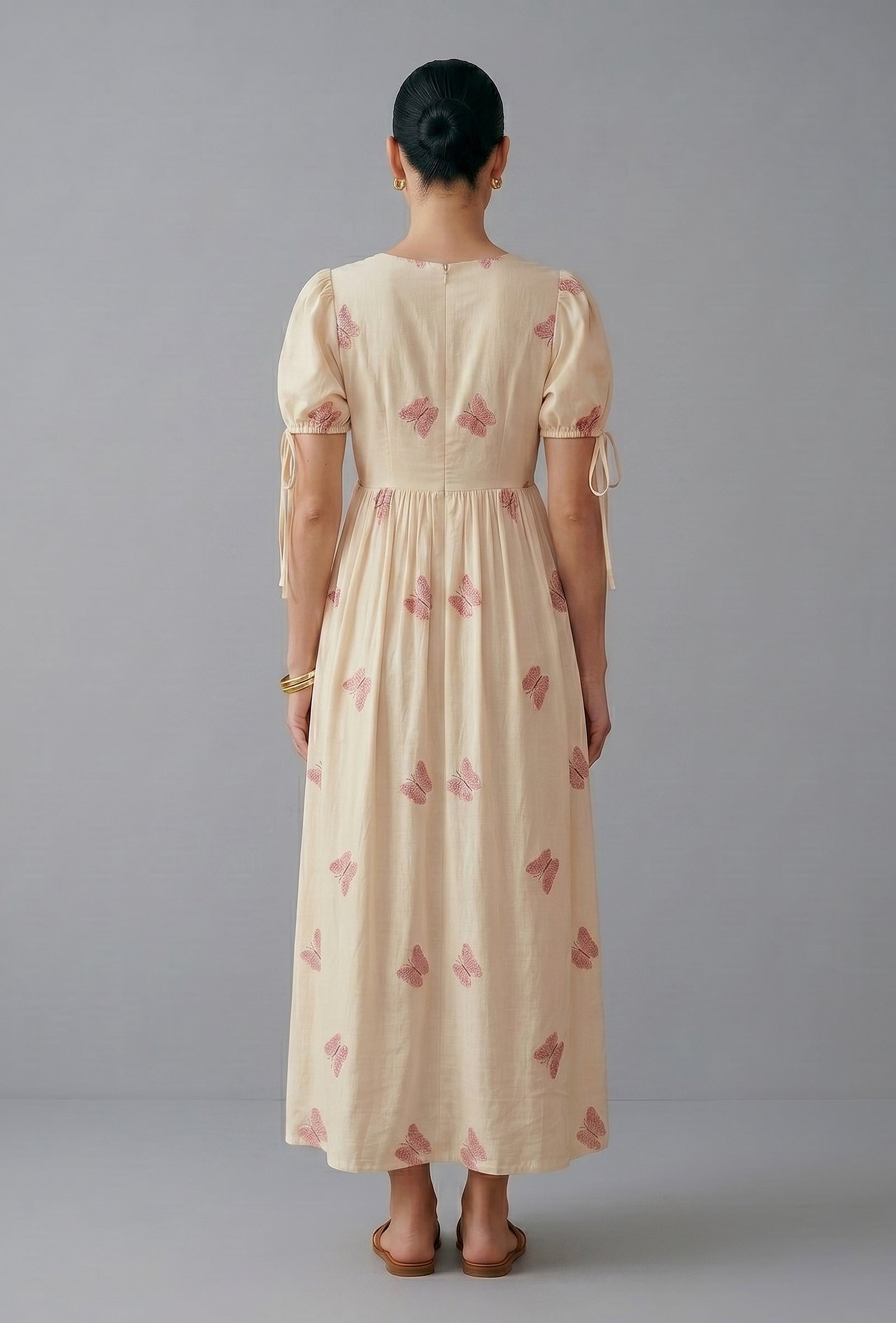Ivory Pink Butterfly Embroidered Cotton Gown