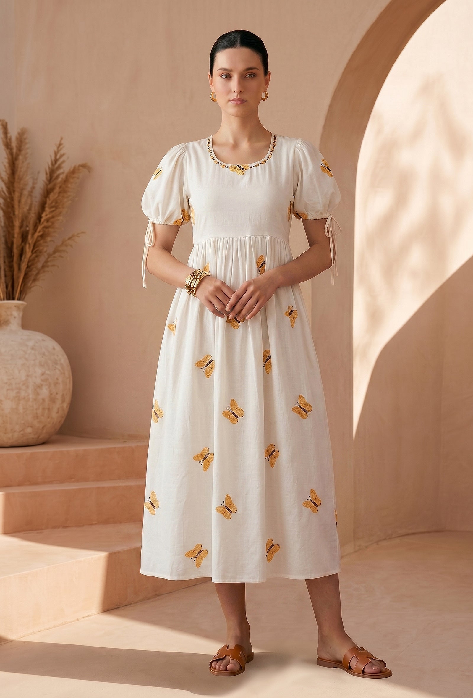 Ivory Butterfly Embroidered Cotton Gown Dress