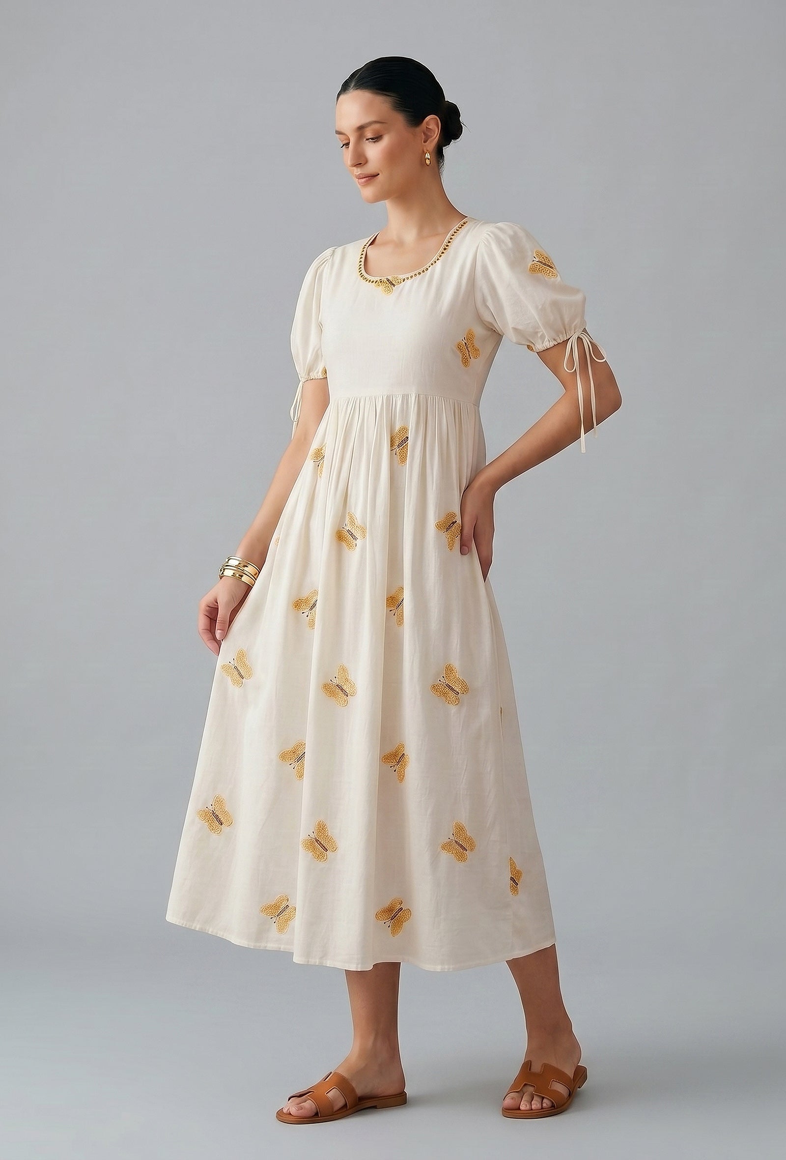 Ivory Butterfly Embroidered Cotton Gown Dress