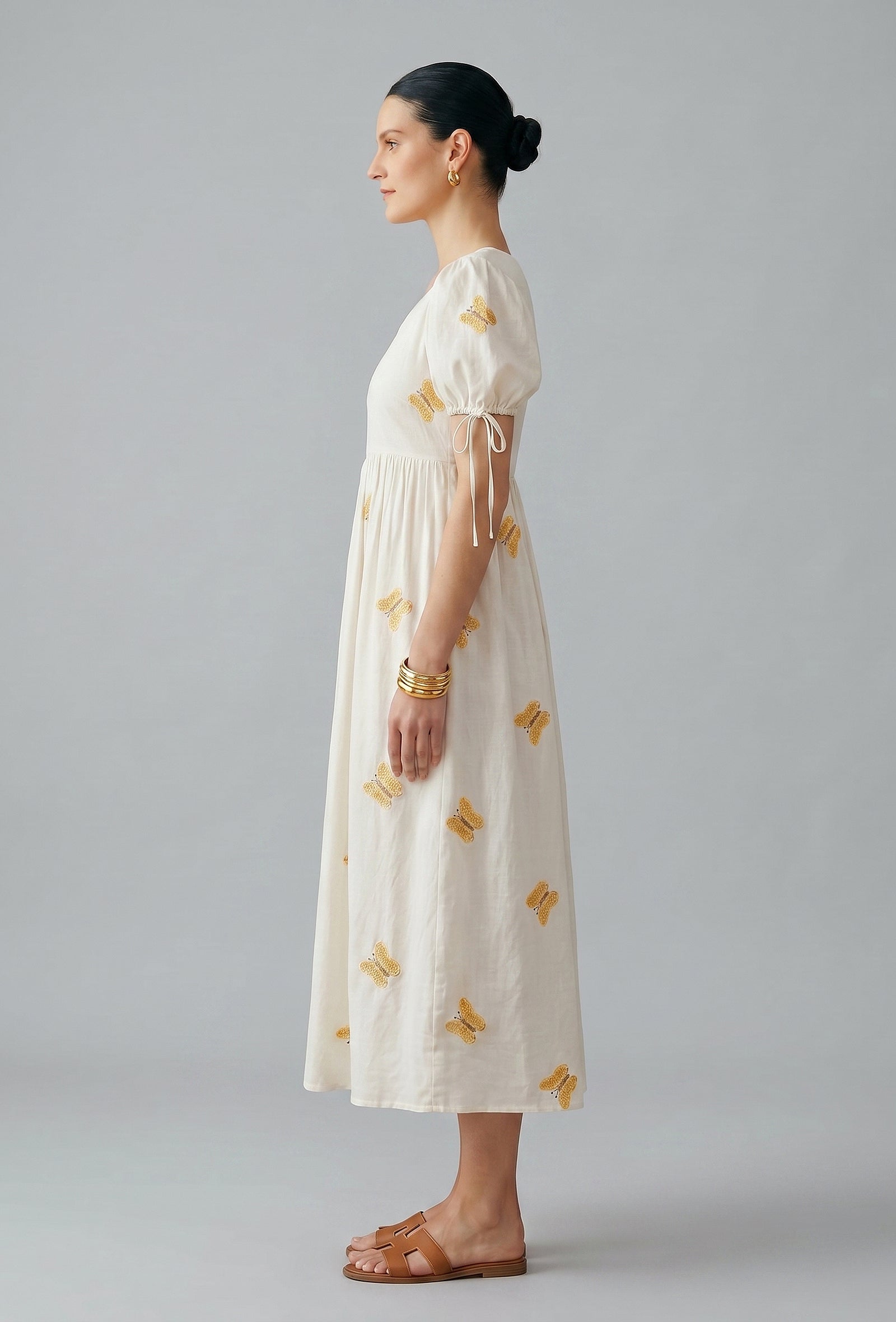 Ivory Butterfly Embroidered Cotton Gown Dress