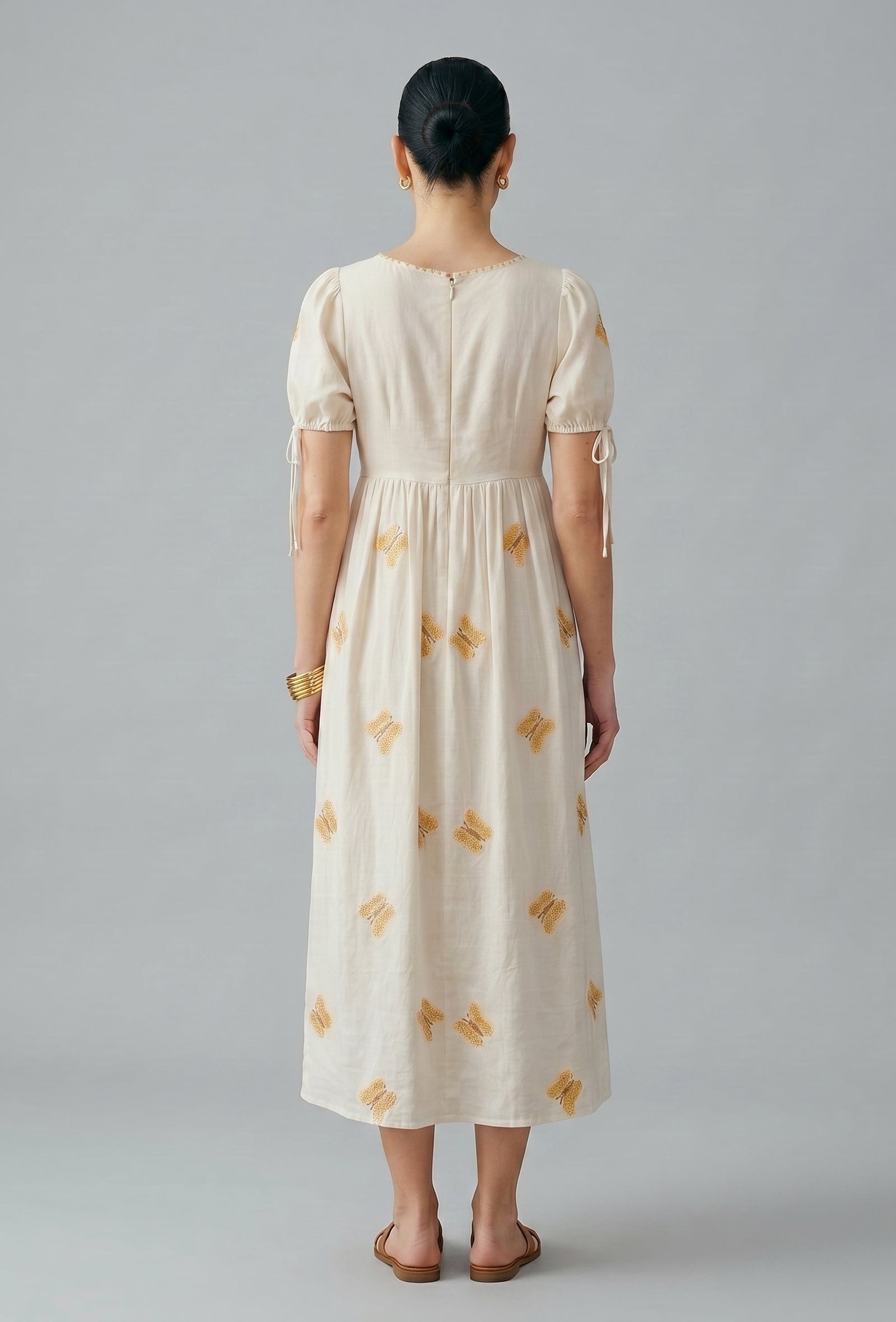 Ivory Butterfly Embroidered Cotton Gown Dress