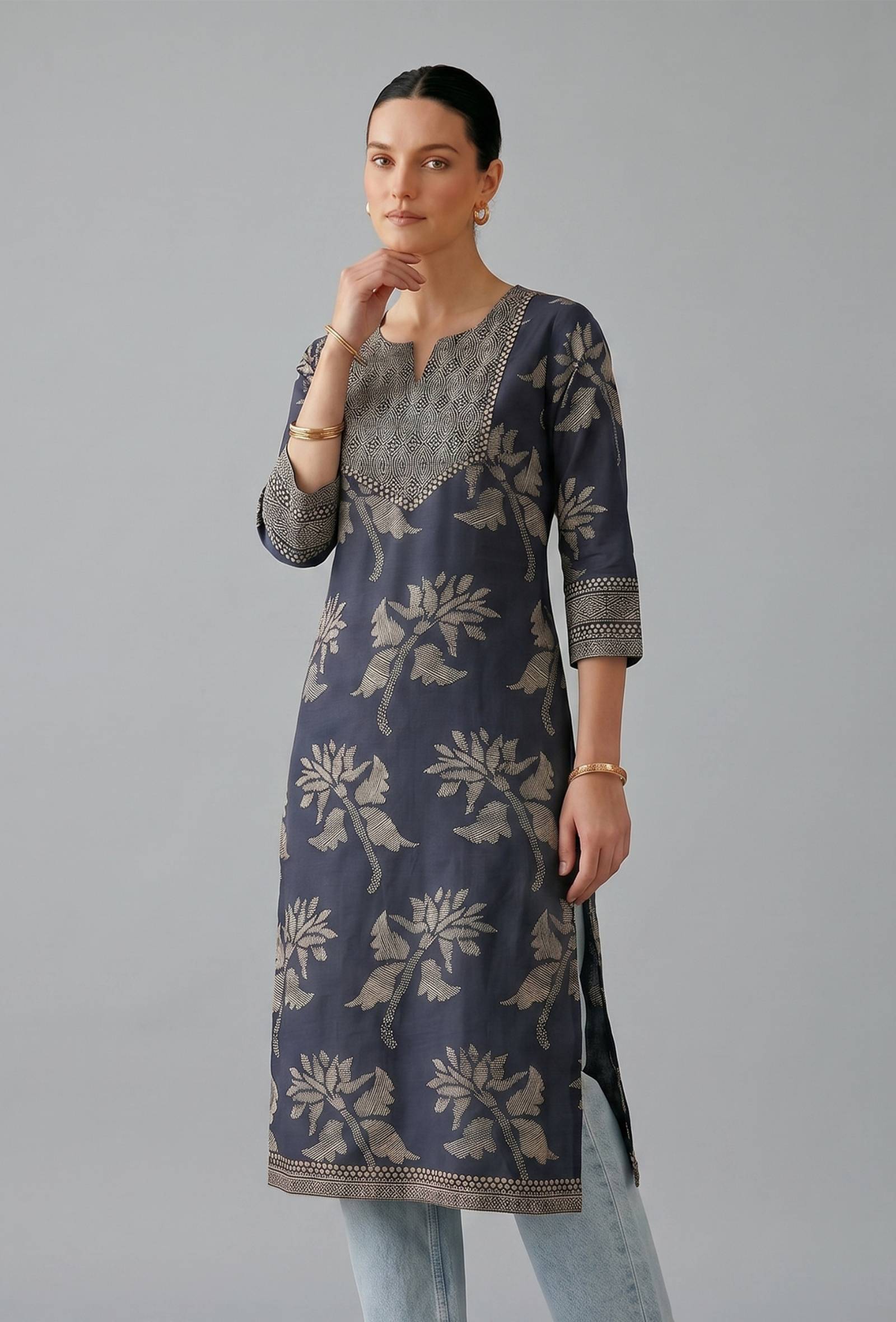 Midnight Blue Floral Woven Cotton Kurta