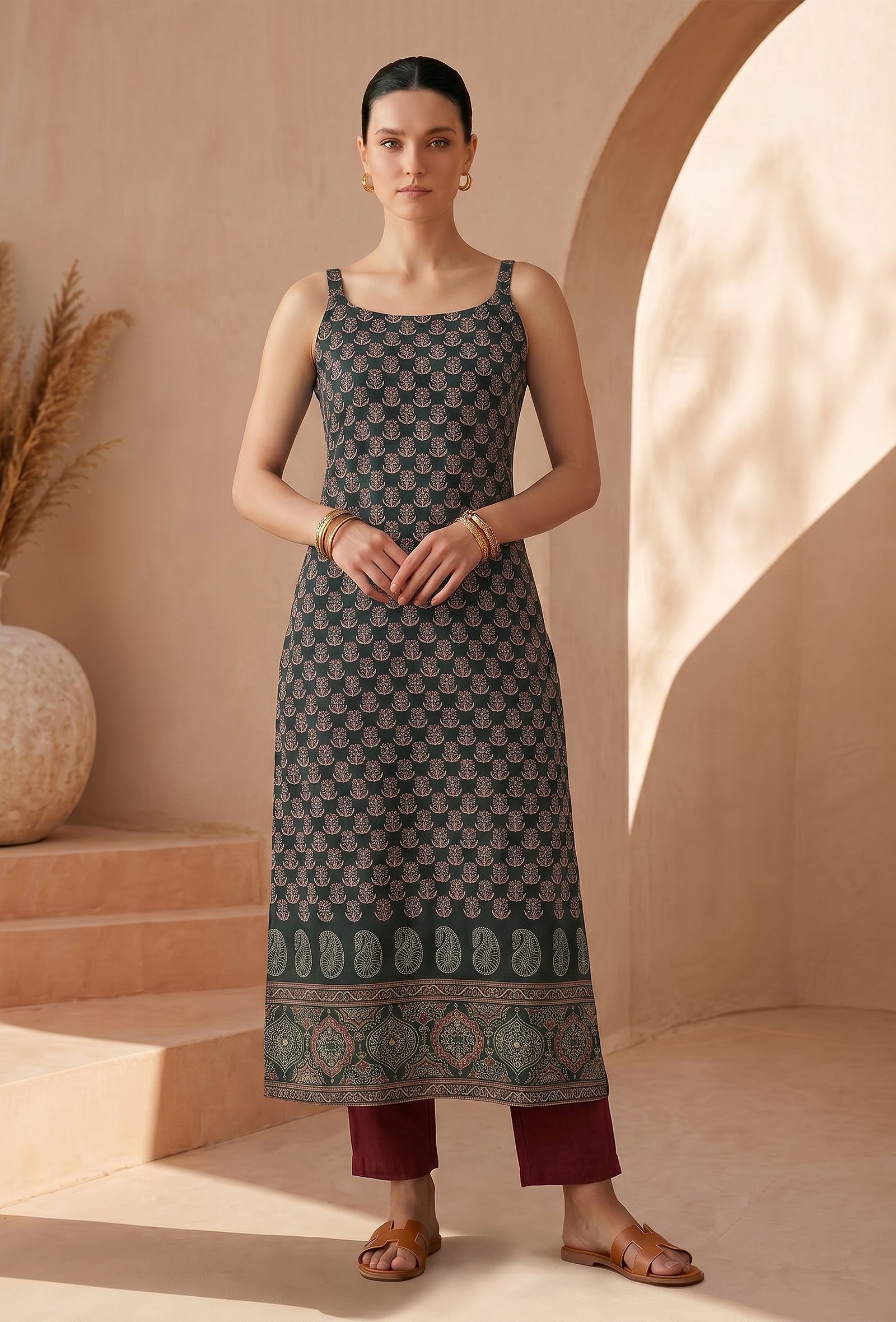 Forest Green Paisley Printed Cotton Slip Kurta