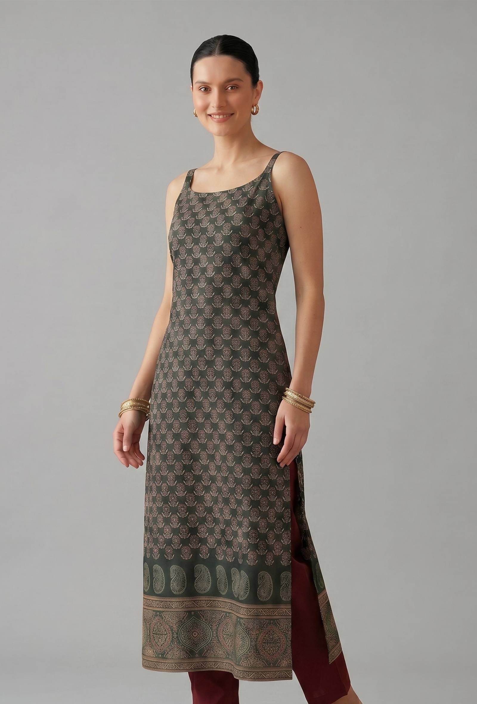 Forest Green Paisley Printed Cotton Slip Kurta