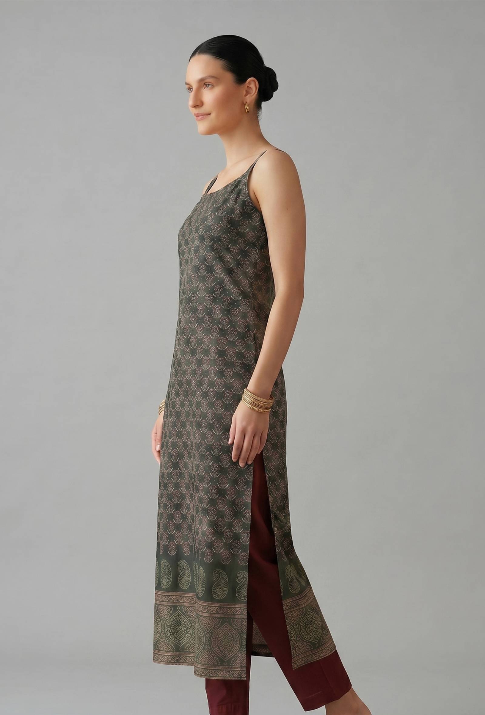 Forest Green Paisley Printed Cotton Slip Kurta