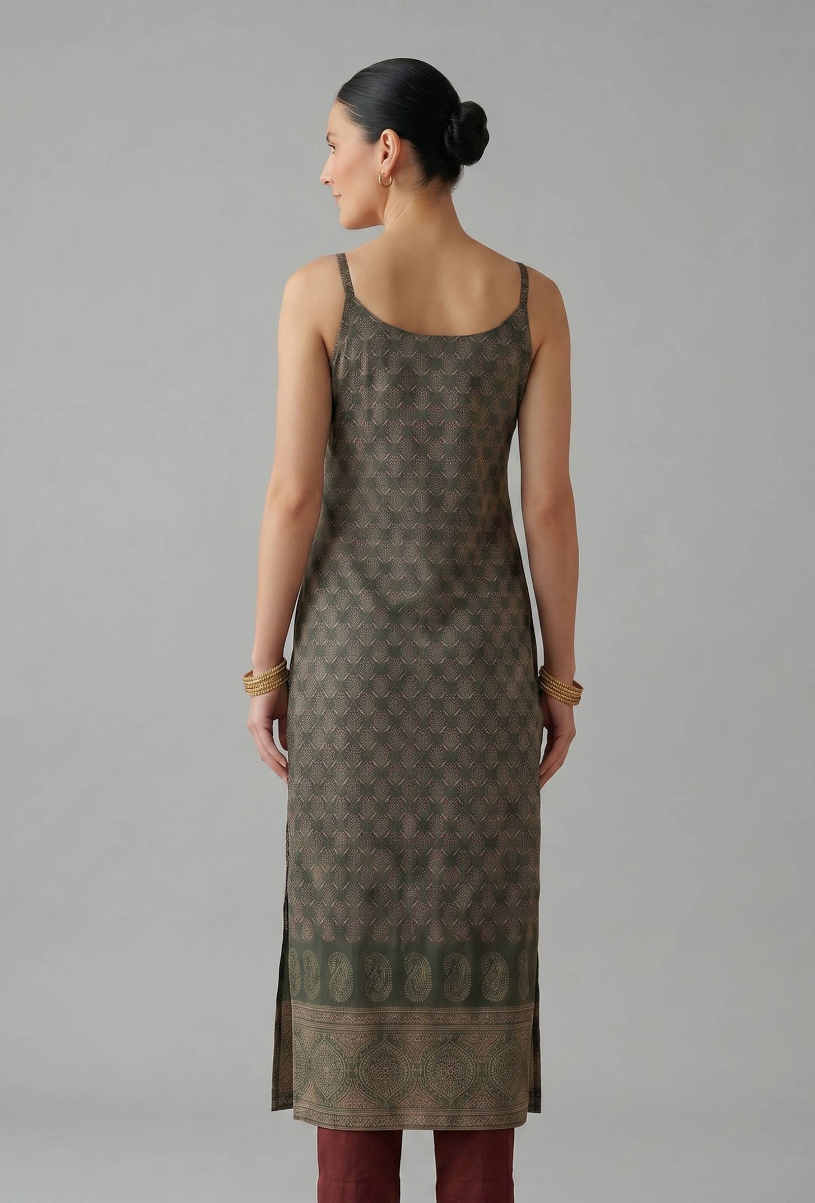 Forest Green Paisley Printed Cotton Slip Kurta