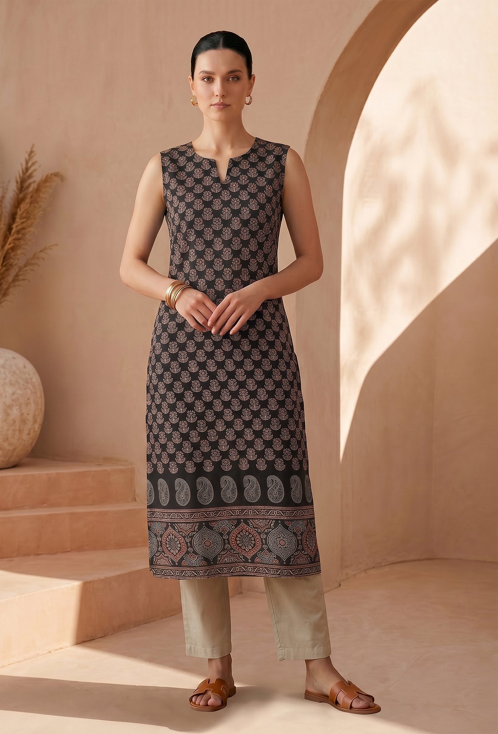 Black Floral Buti Printed Cotton Staright Sleeveless Kurta