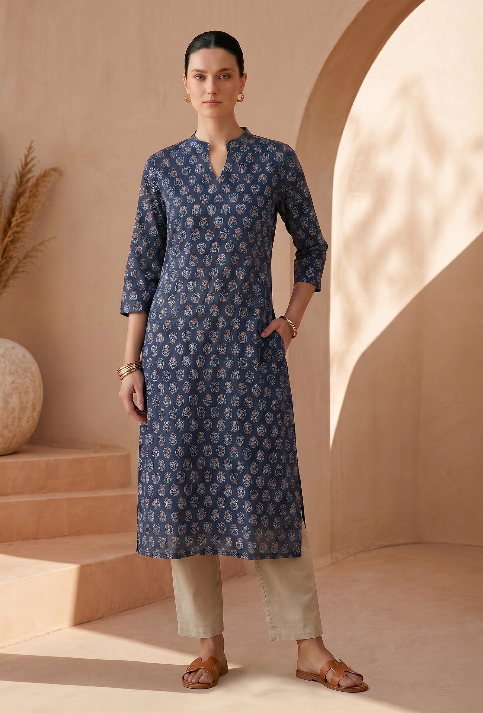 Navy Blue Ethnic Motif Printed Straight Cotton Kurta