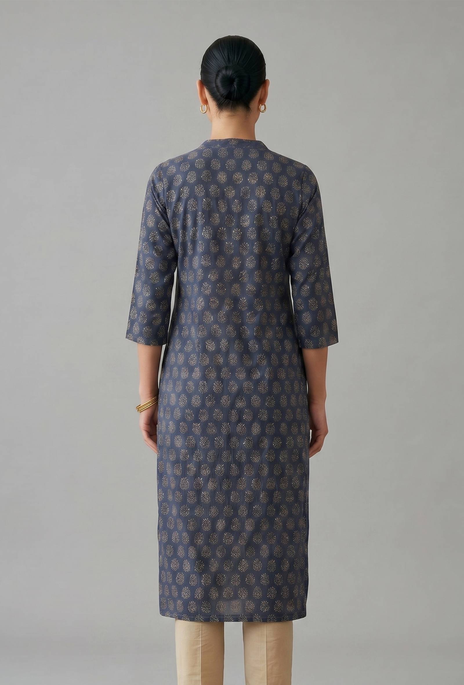 Navy Blue Ethnic Motif Printed Straight Cotton Kurta