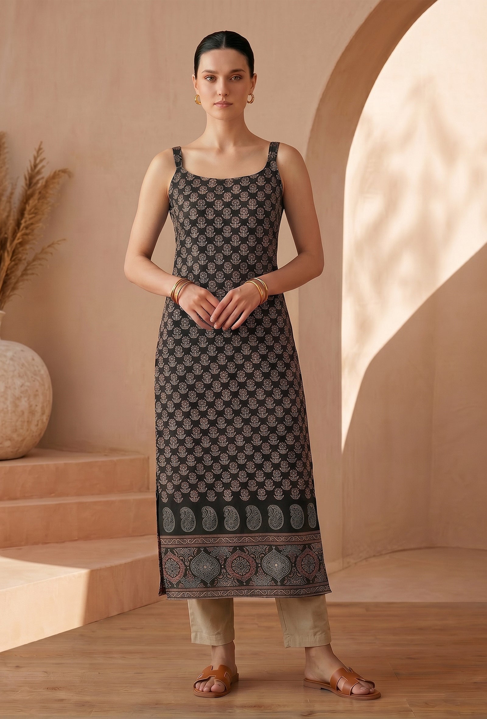 Black Ethnic Motif Printed Strappy Slip Kurta