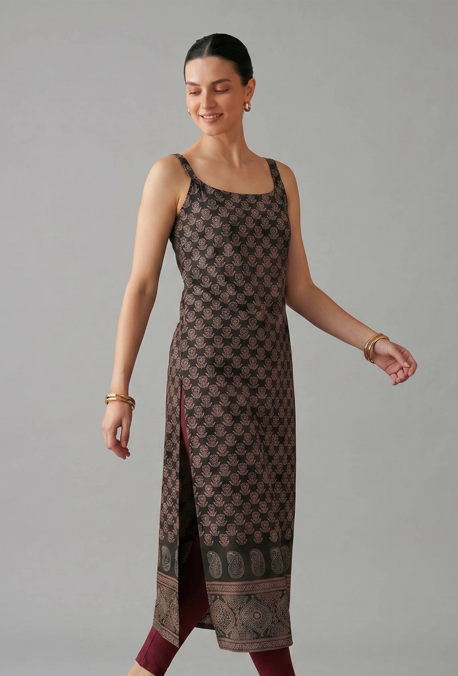 Black Ethnic Motif Printed Strappy Slip Kurta