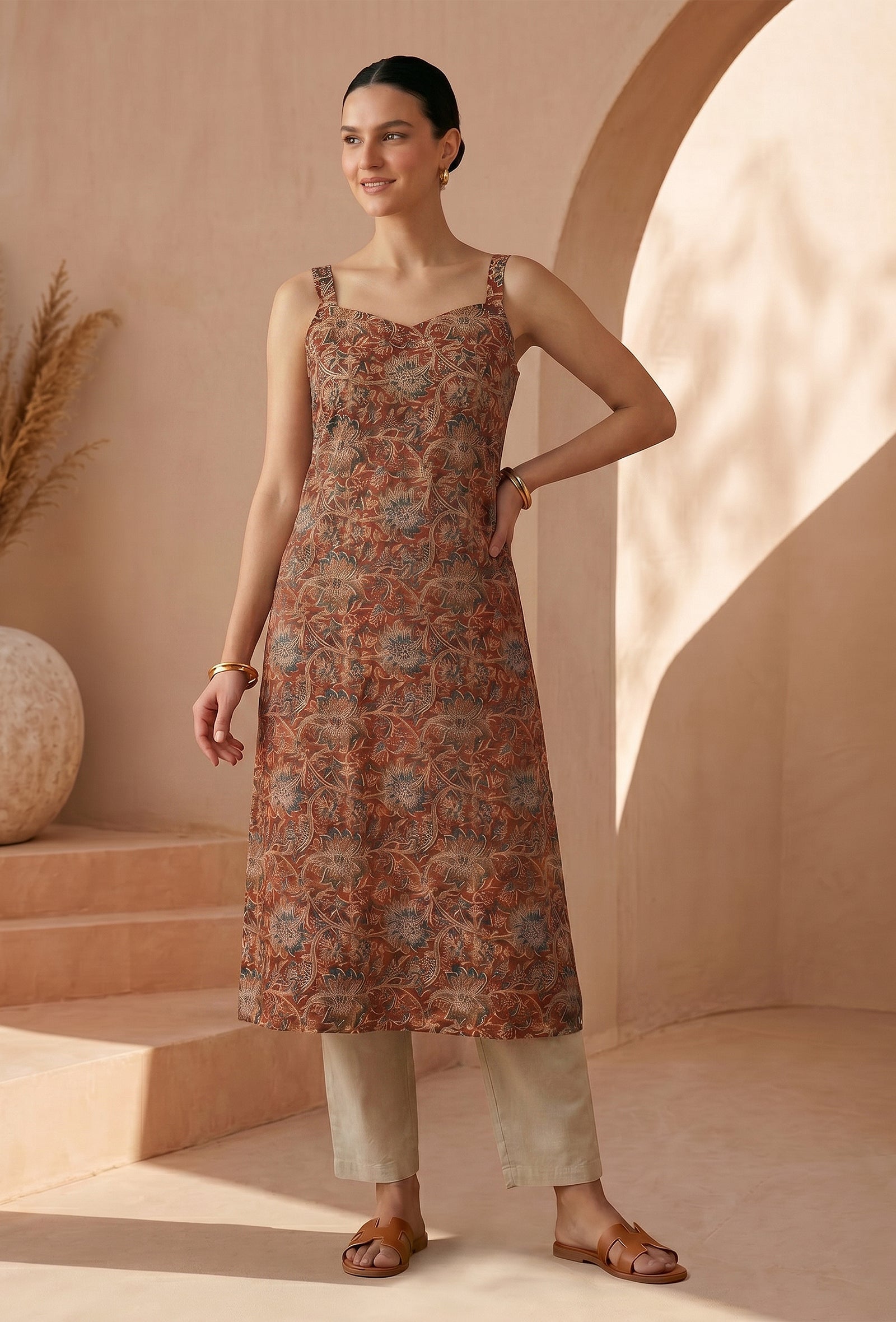 Rust Orange Kalamkari Printed Cotton Strappy Slip Kurta