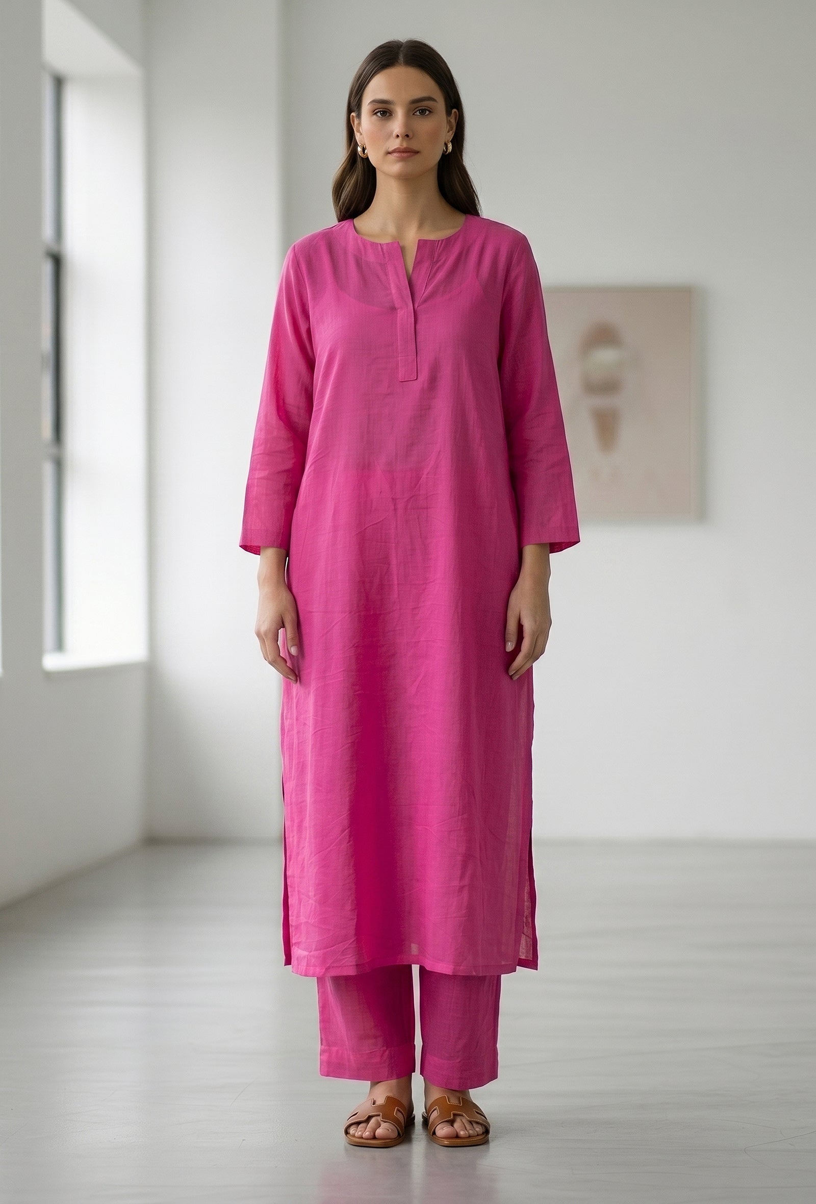 Set Of 2: Fuchsia Pink Kurta & Straight Pant