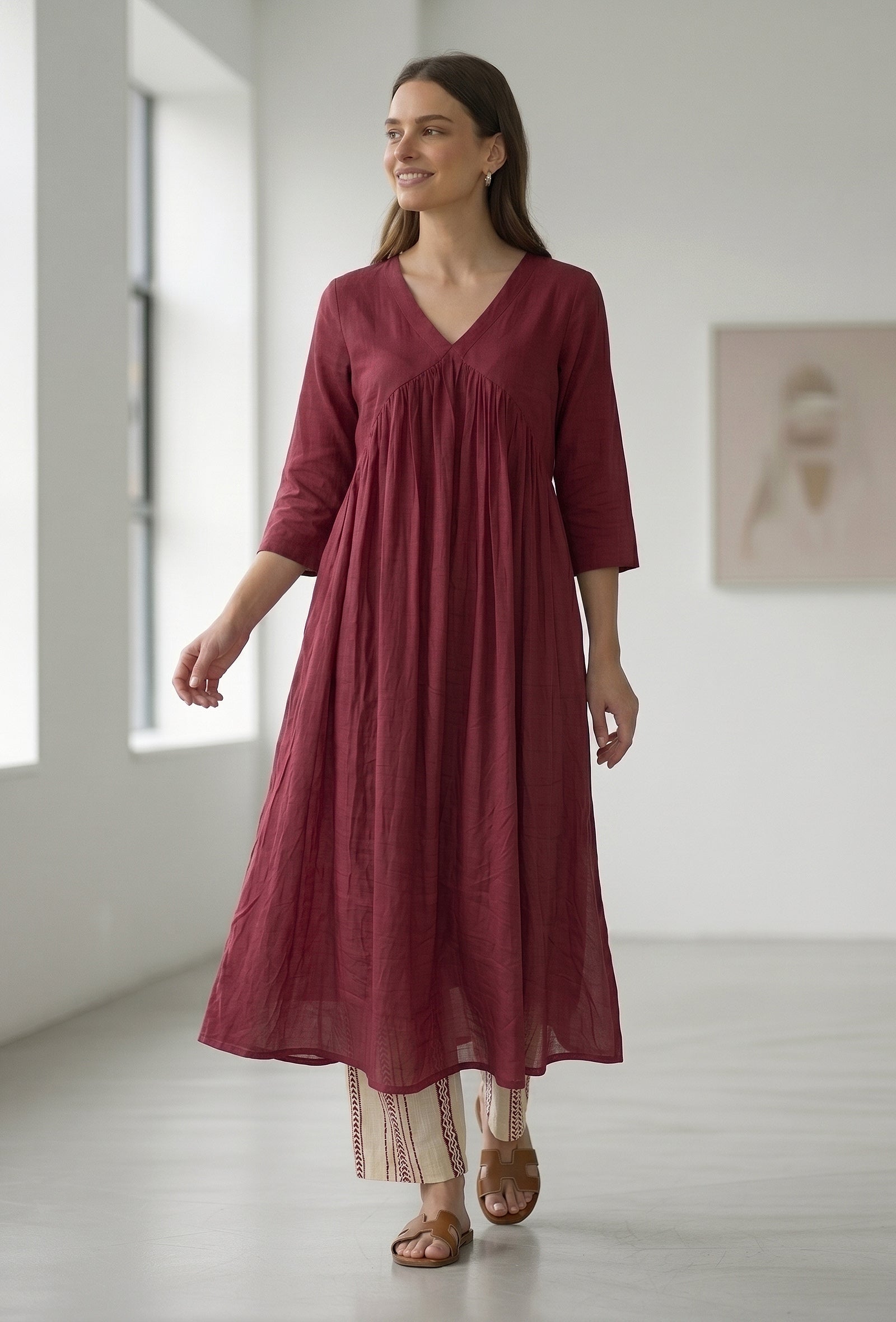 Set Of 2: Maroon Gathered Yoke V-Neck Kurta