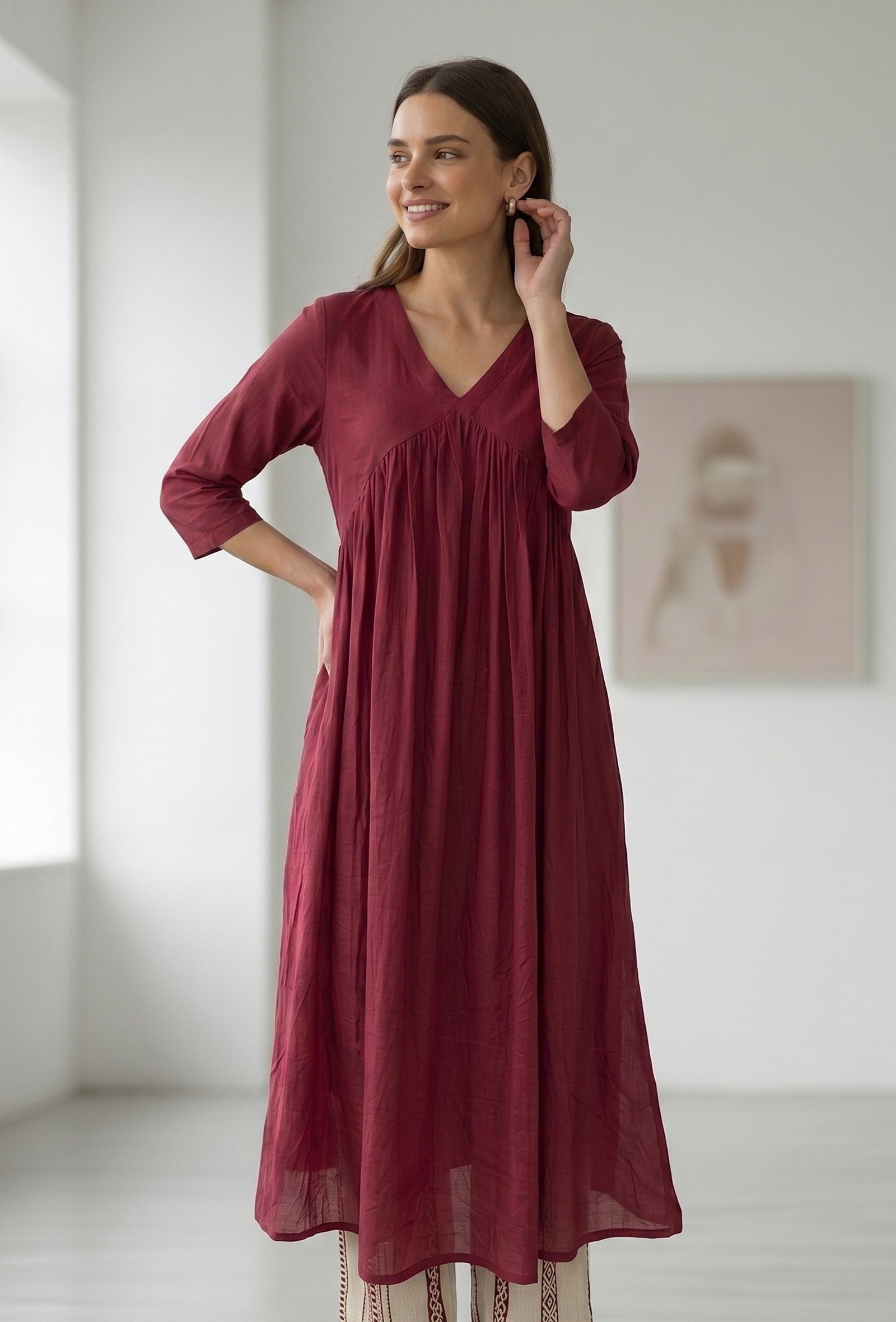 Maroon Gathered V-Neck Tunic