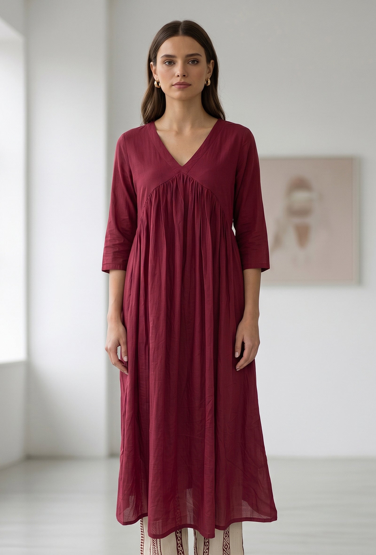 Maroon Gathered V-Neck Tunic