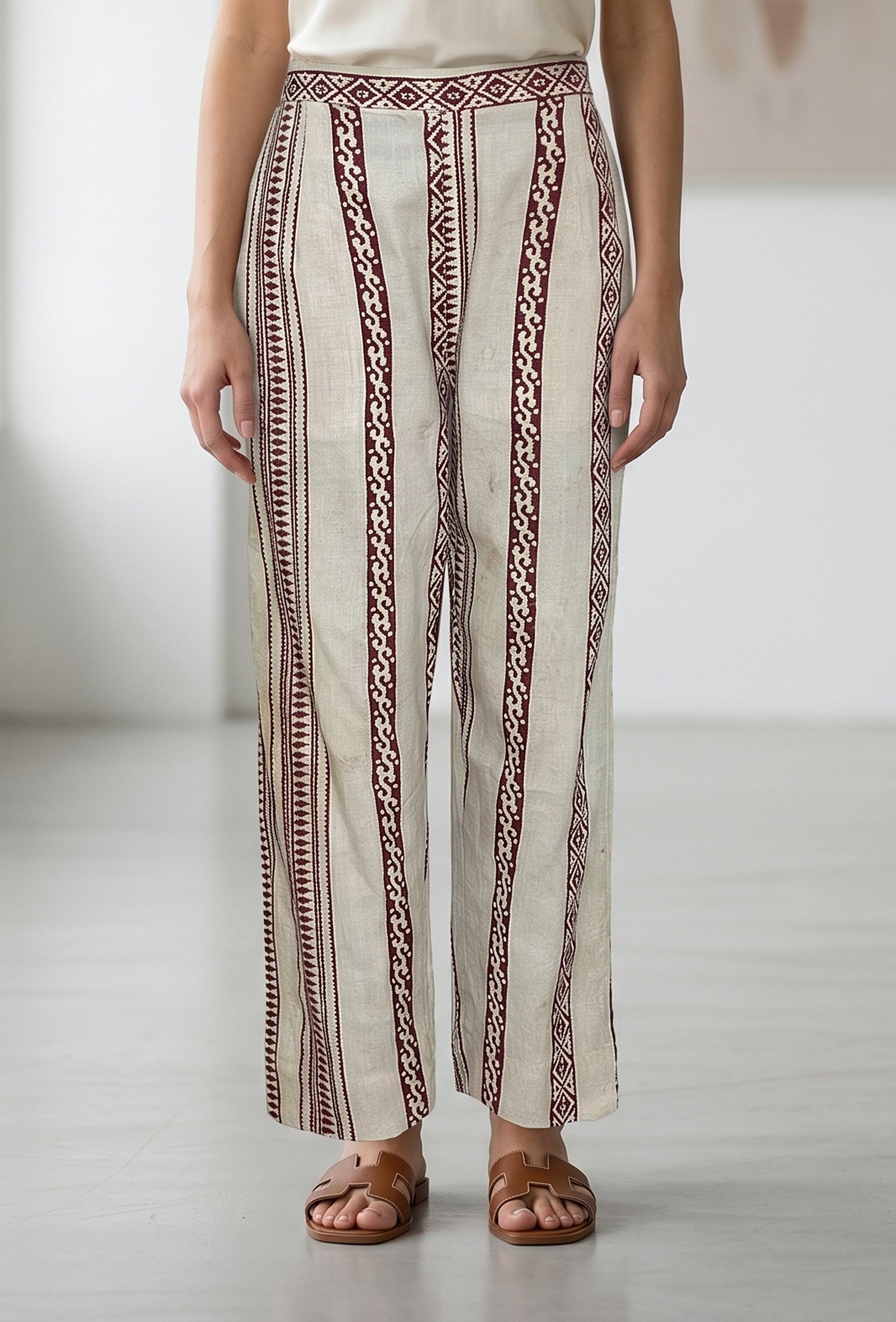 Beige Bagru Printed Straight Pant