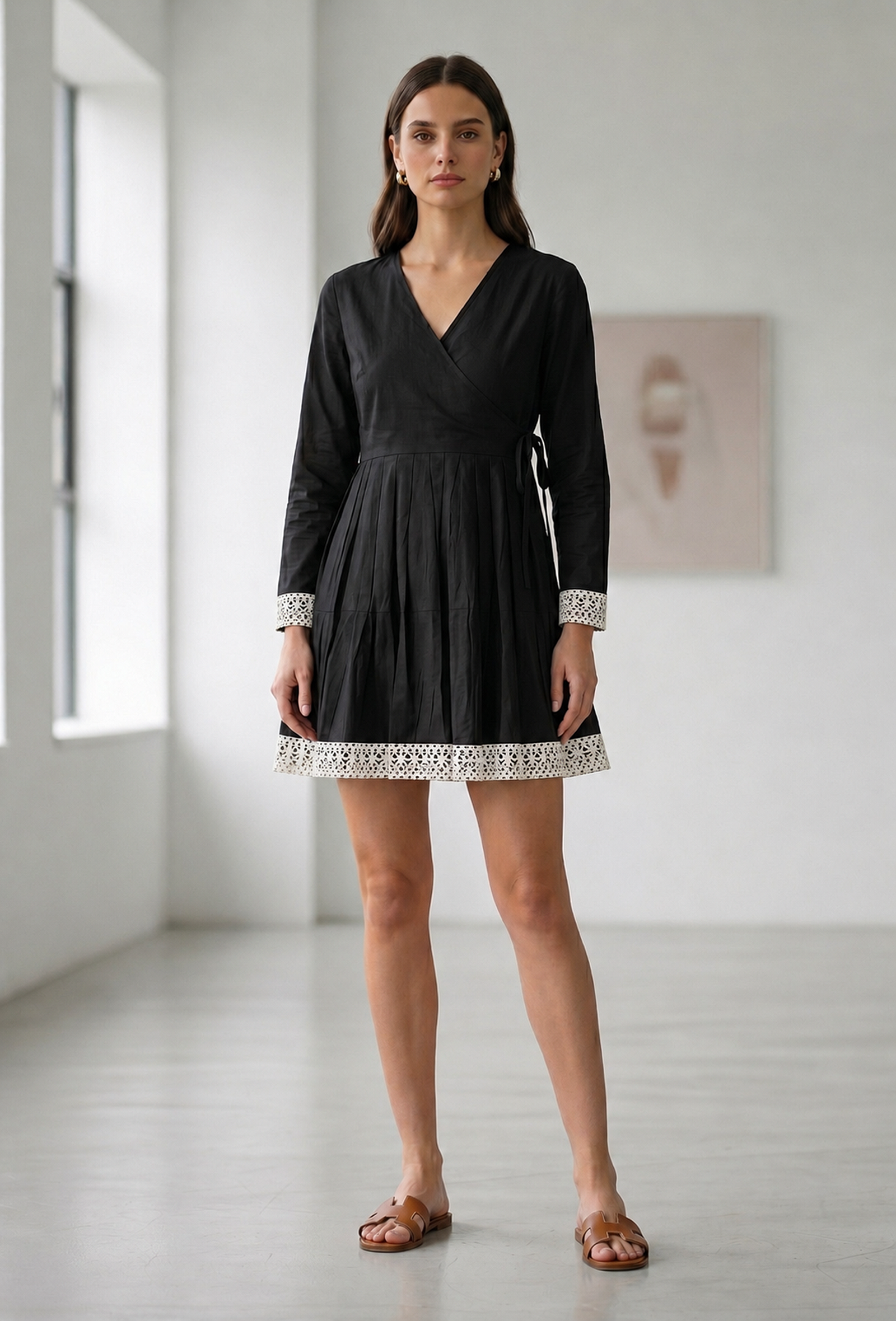Black Wrap Mini Dress with Lace Trim