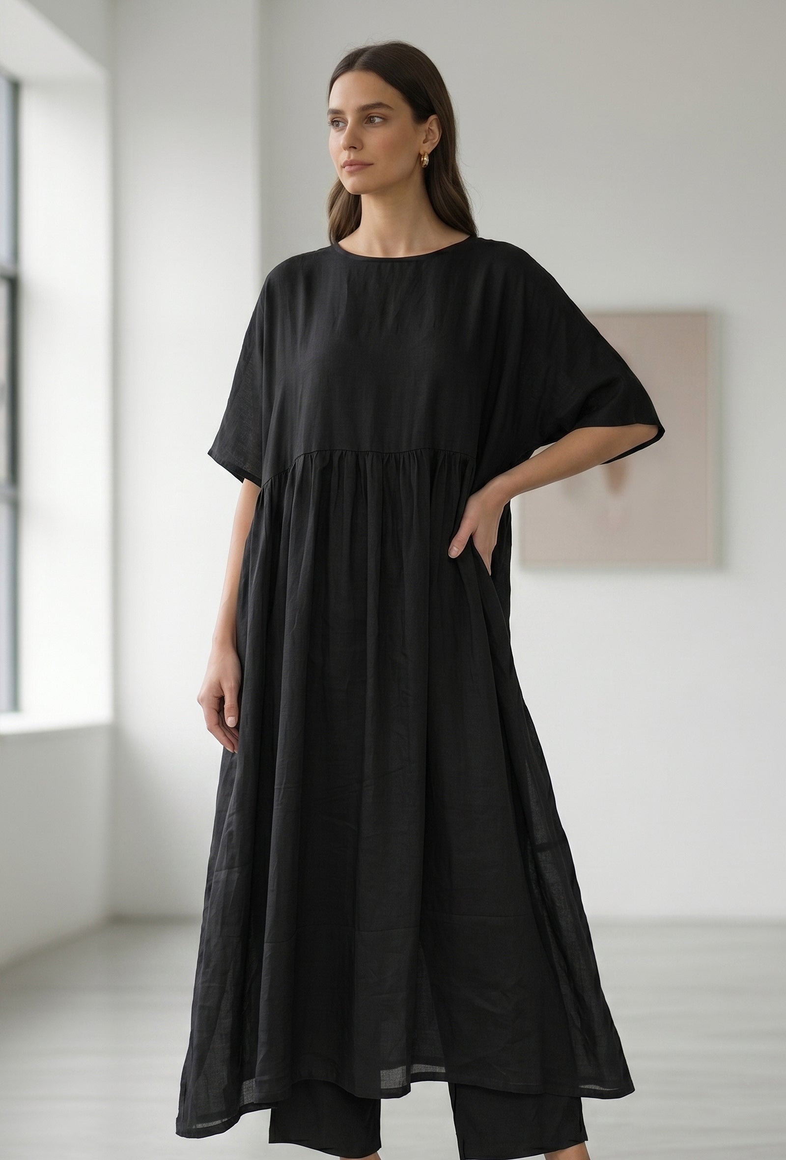 Black Oversized Gathered Kaftan Kurta