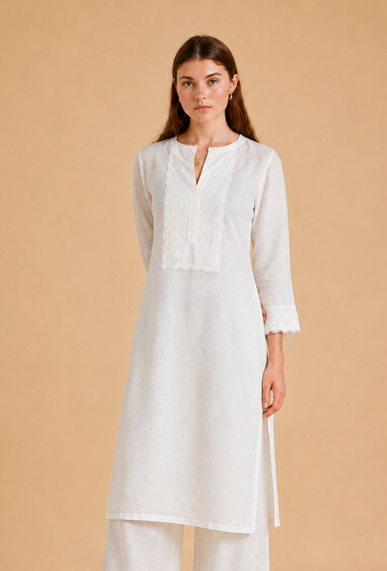 White Embroidered Cotton Kurta