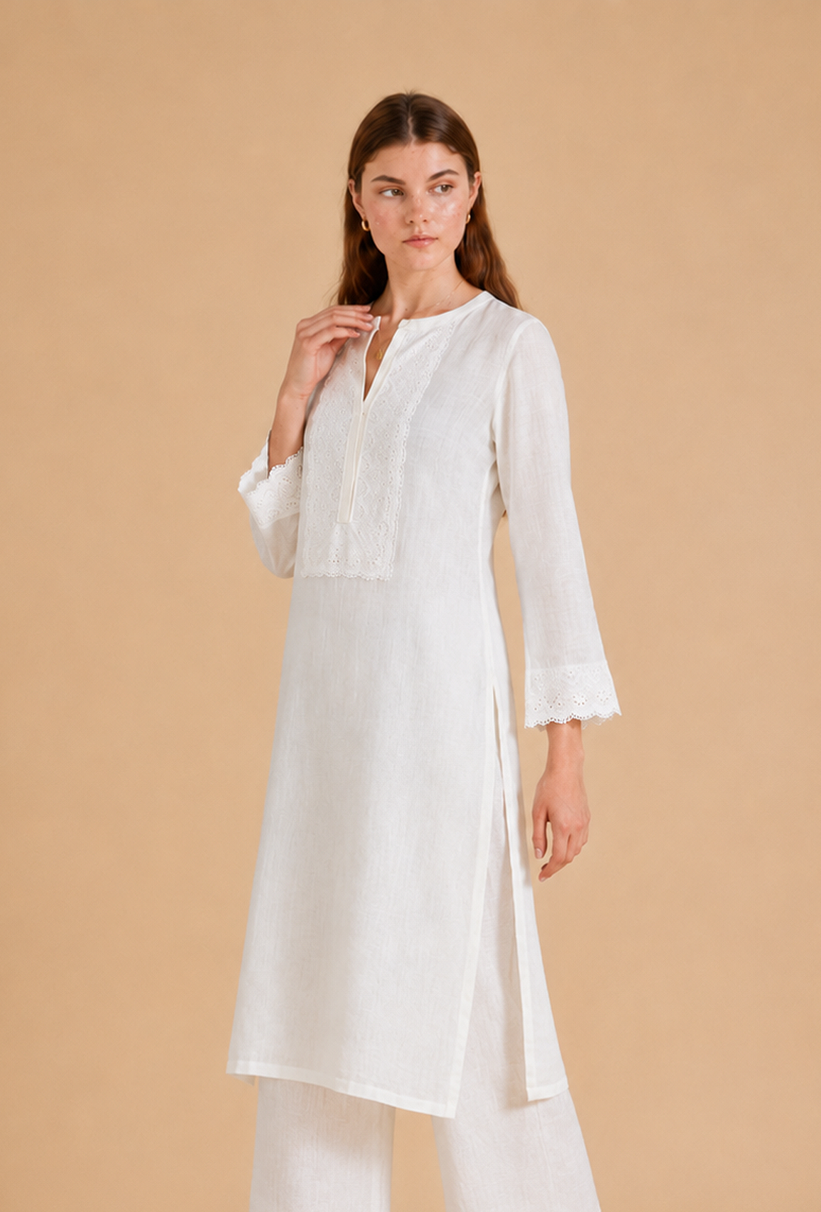 White Embroidered Cotton Kurta