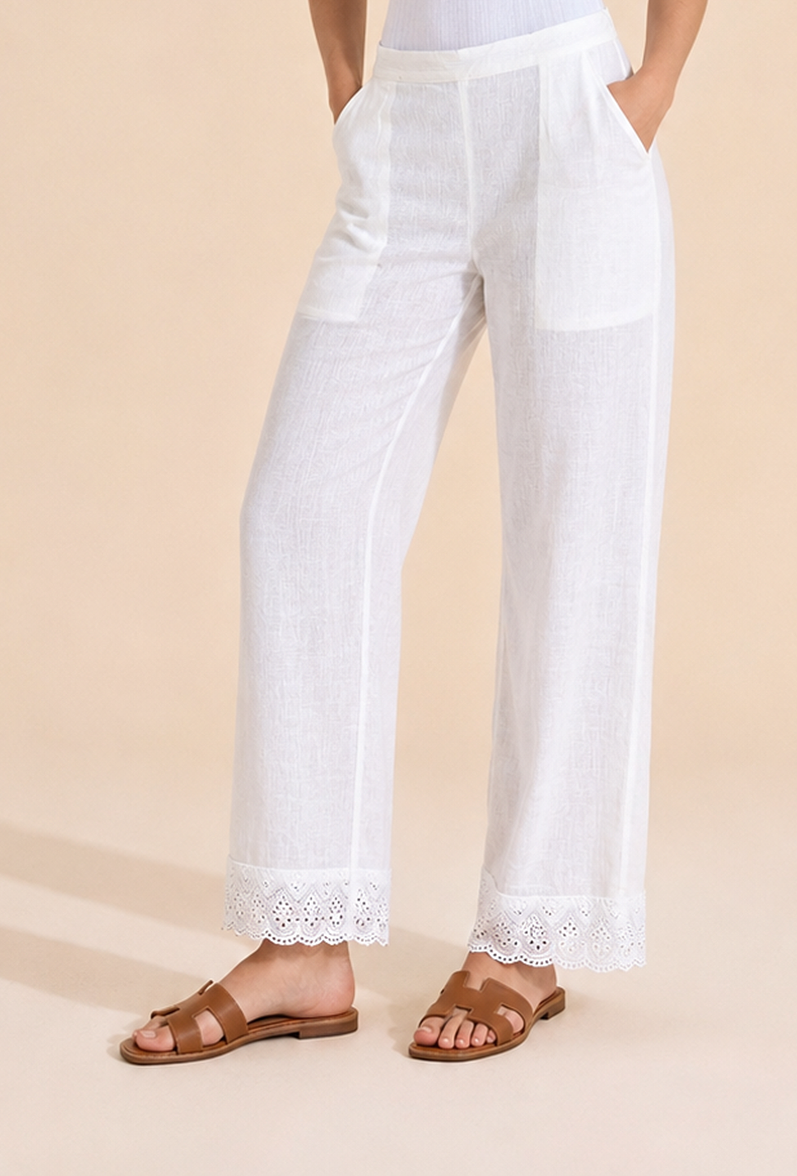 White Embroidered Cotton Palazzo Pants