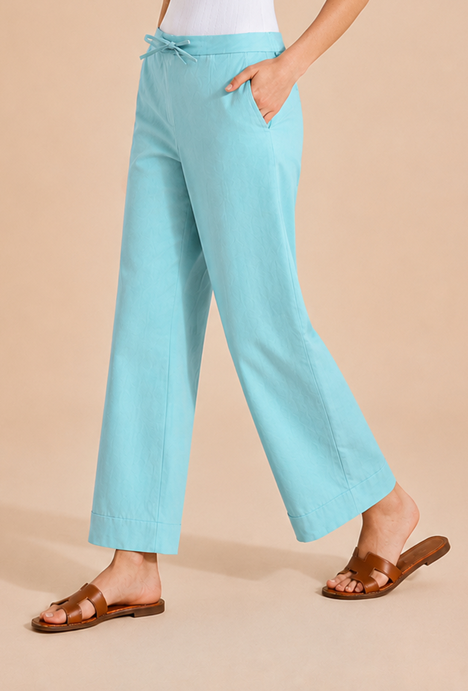 Aqua Blue Wide-Leg Cotton Pants
