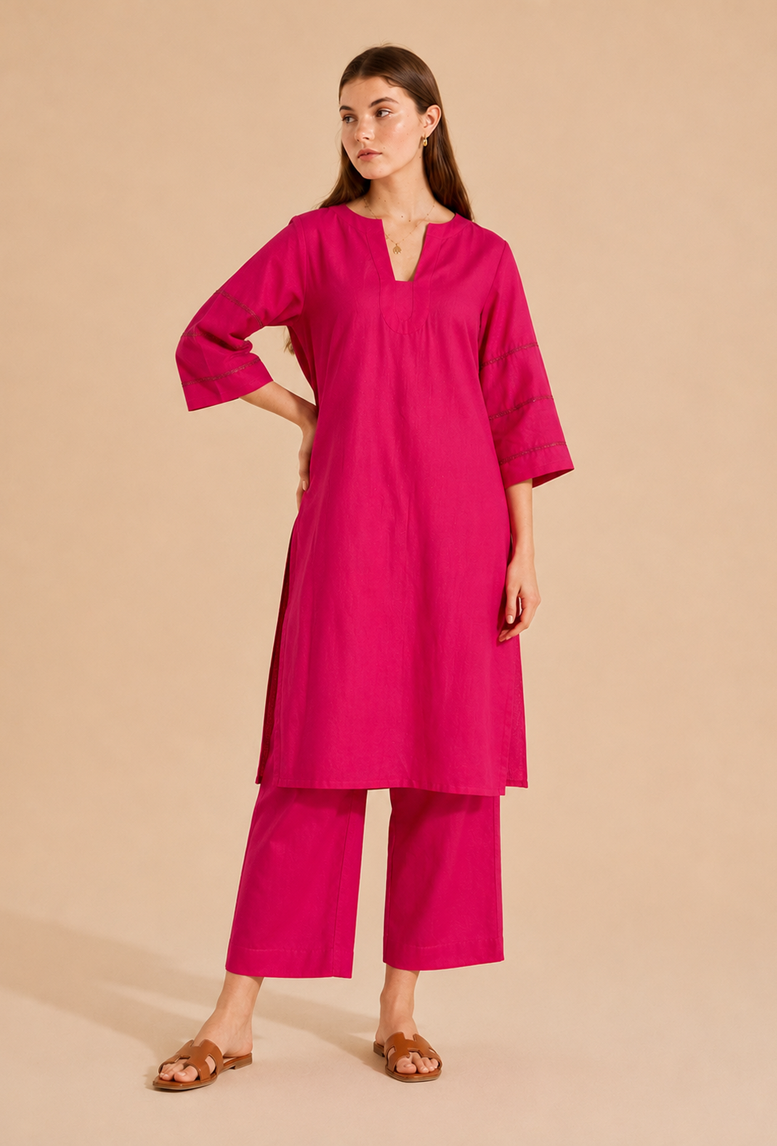 Set Of 2: Fuchsia Pink Cotton Kurta & Palazzo