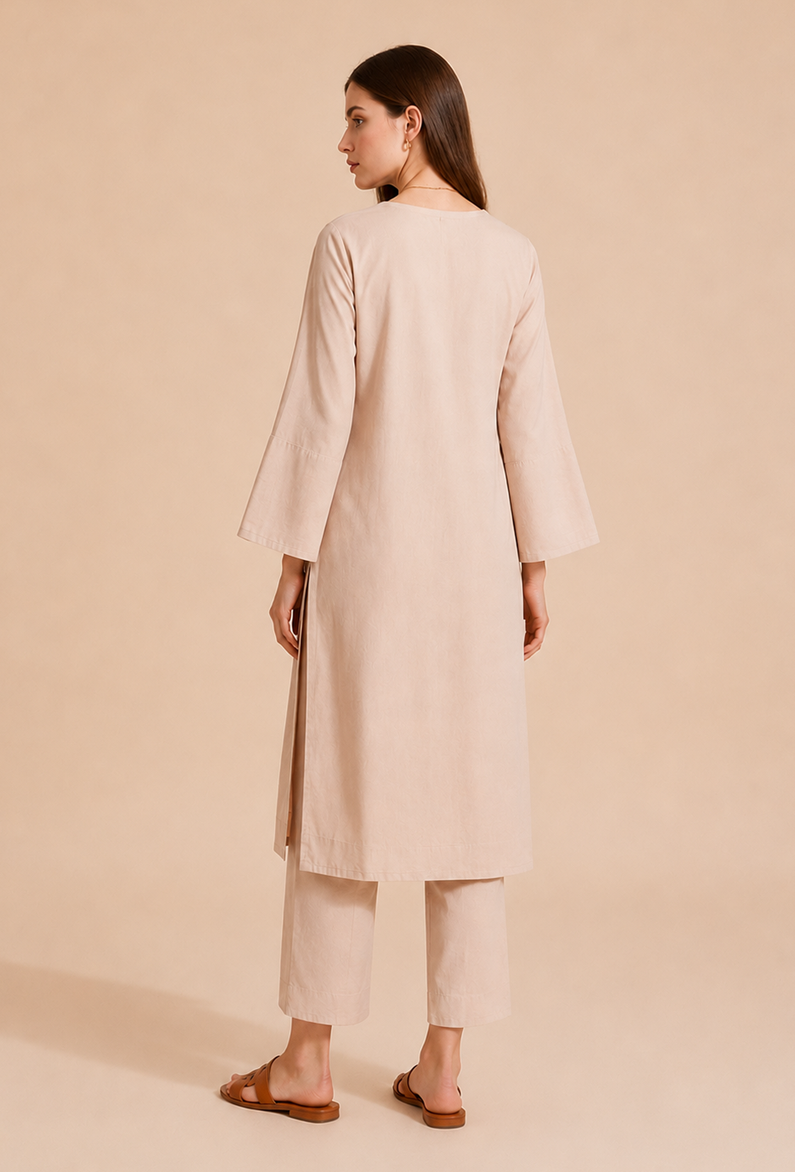 Set Of 2: Beige Cotton Kurta & Straight Pants