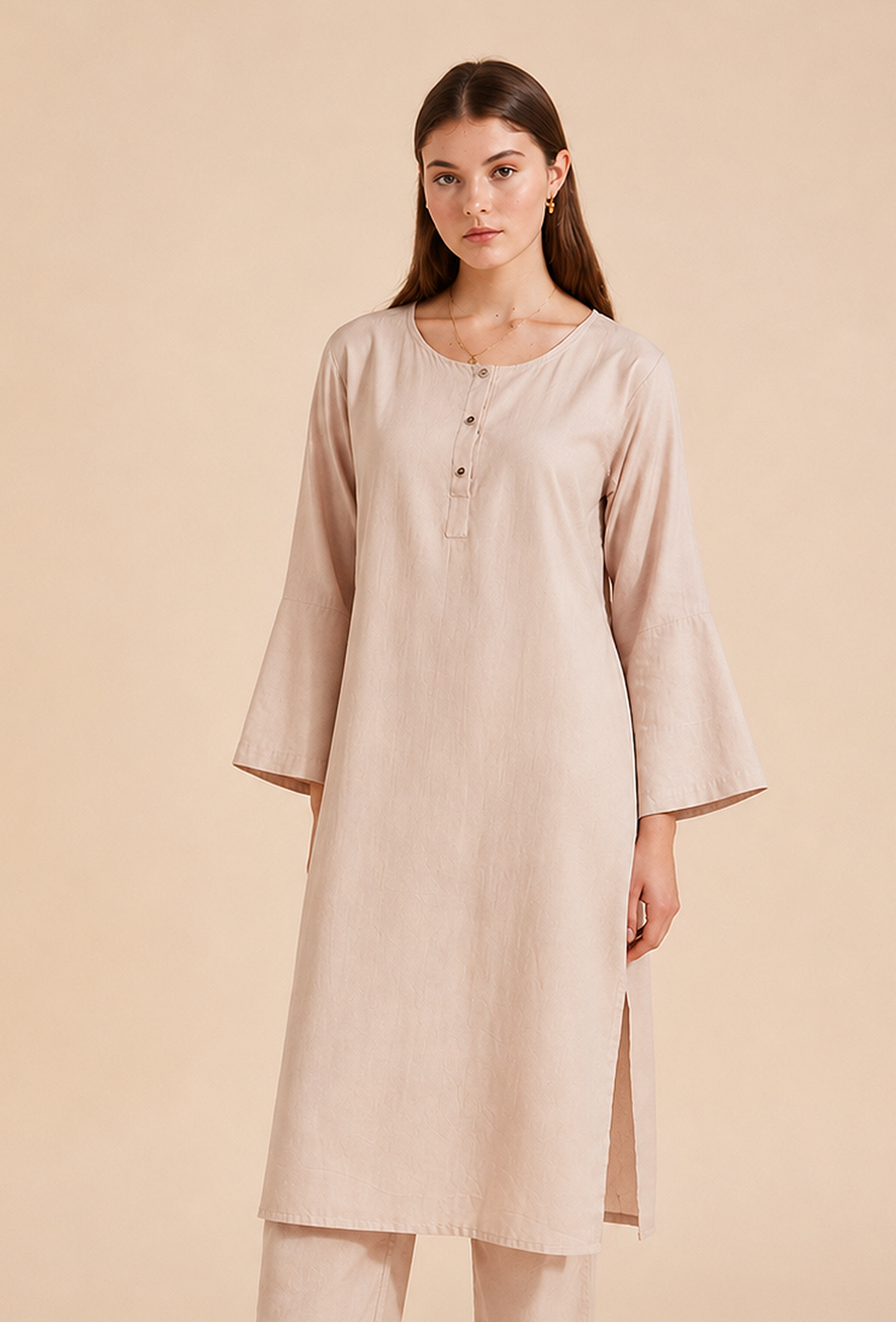 Beige Cotton Straight Kurta